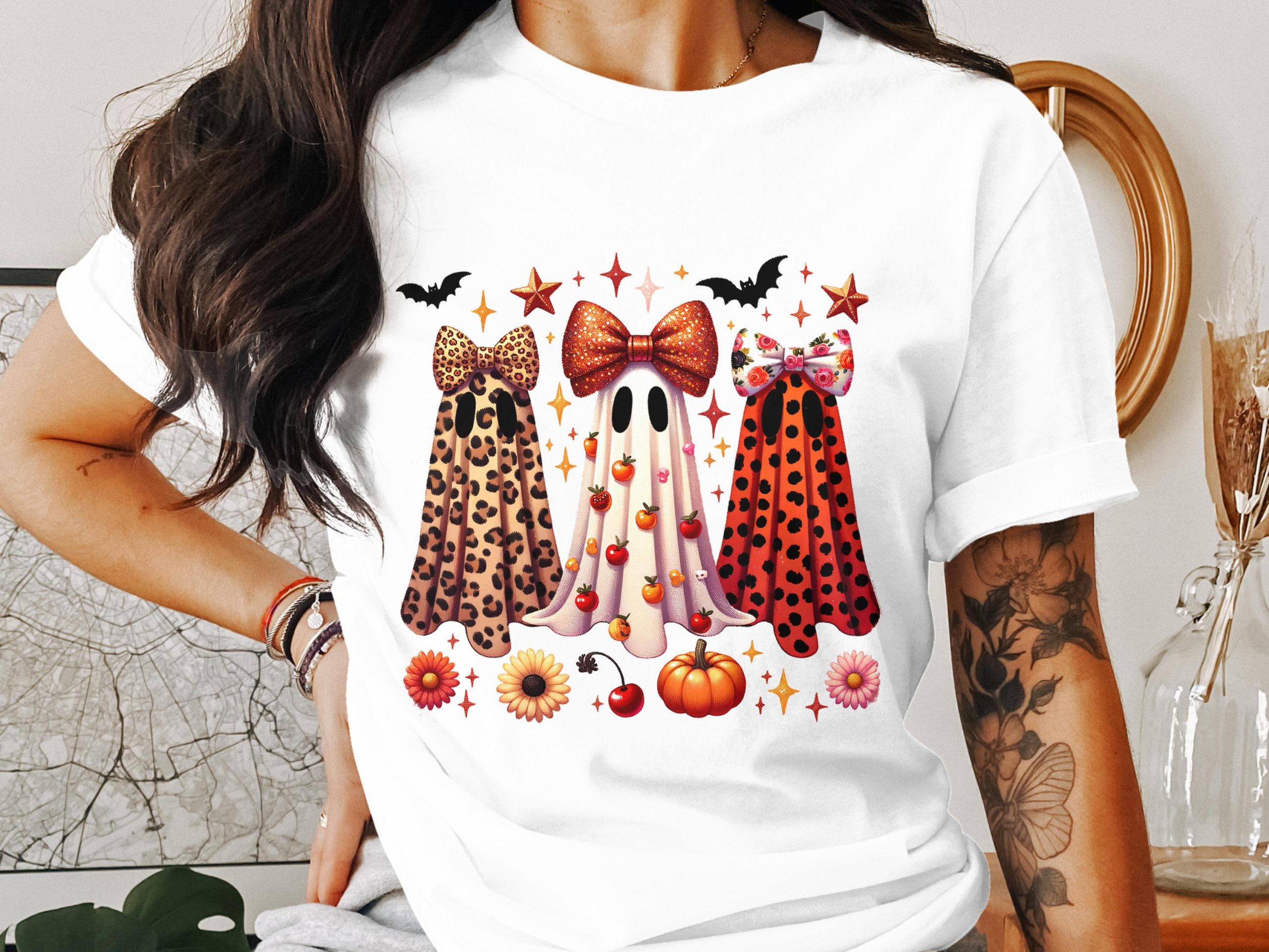 Halloween Ghosts T-Shirt, Spooky Season Apparel, Cute Ghost Design, Leopard Print Ghost, Bow T-Shirt, Trendy Halloween Shirt