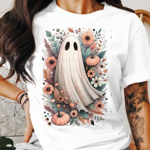 Floral Ghost T-Shirt, Spooky Season Apparel, Cute Halloween Tee, Autumn Vibes, Unique Ghost Design, Trendy Halloween Outfit