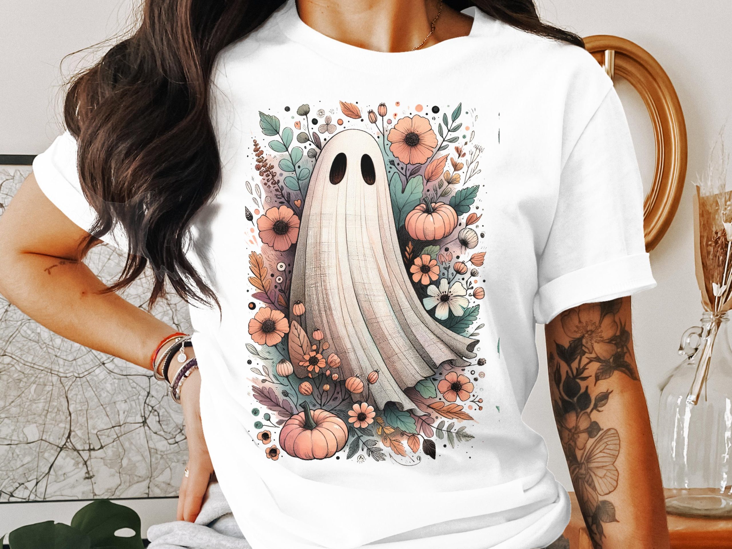 Floral Ghost T-Shirt, Spooky Season Apparel, Cute Halloween Tee, Autumn Vibes, Unique Ghost Design, Trendy Halloween Outfit