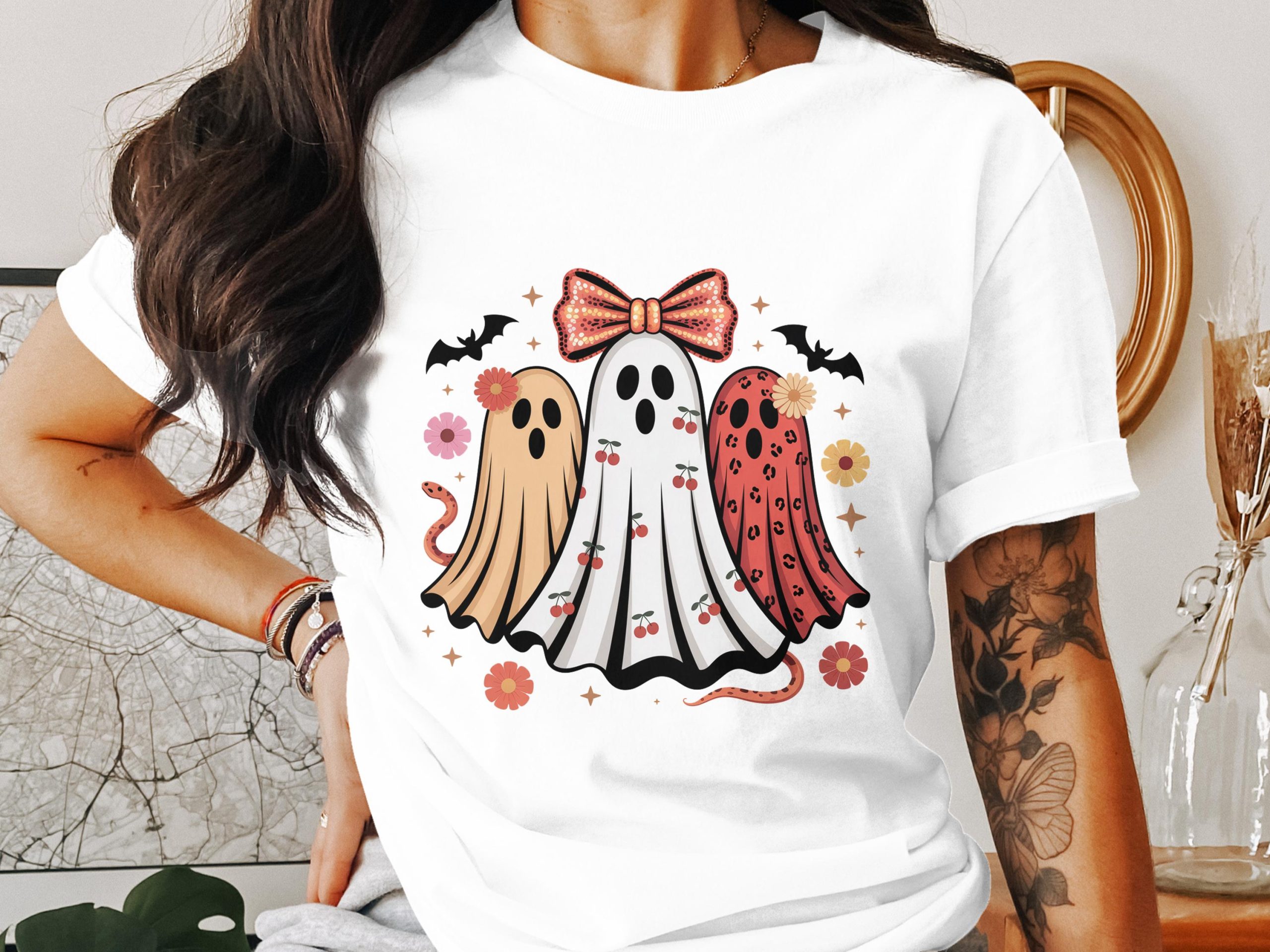 Spooky Cute Ghosts T-Shirt, Halloween Shirt, Retro Halloween Tee, Bats, Flowers, Ghost with Bow, Cherries, Snake, Spooky Season Gift