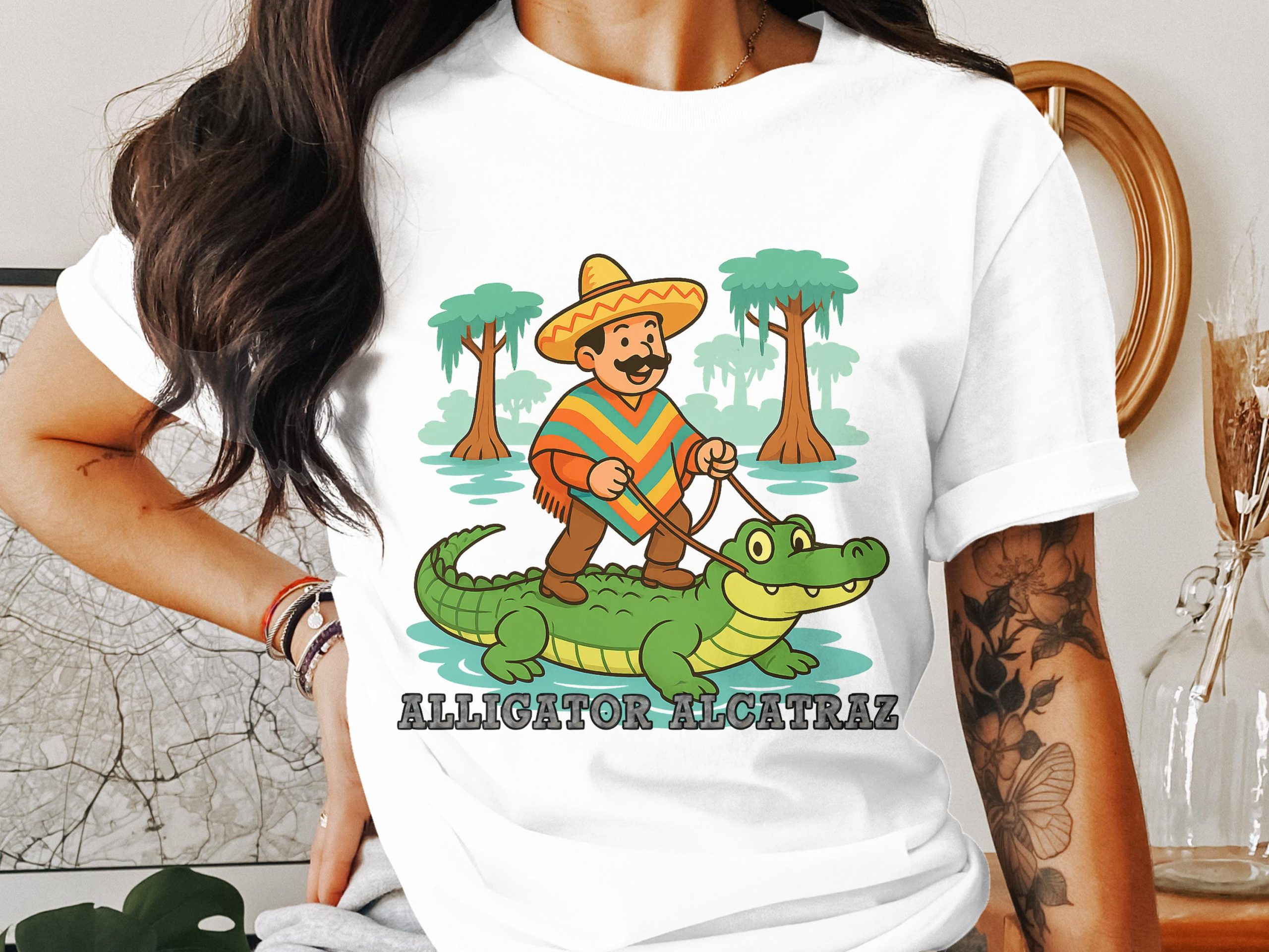 Alligator Alcatraz T-Shirt, Funny Mexican Design, Crocodile Ride, Cool Cartoon, Unique Gift, Stylish Apparel