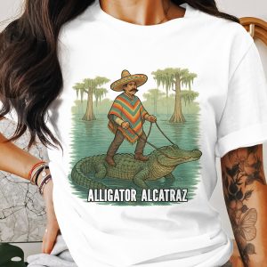 Alligator Alcatraz T-Shirt, Mexican Rider Funny Tee, Novelty Graphic Shirt, Cool Reptile Print, Unique Design, Men Women T-Shirt