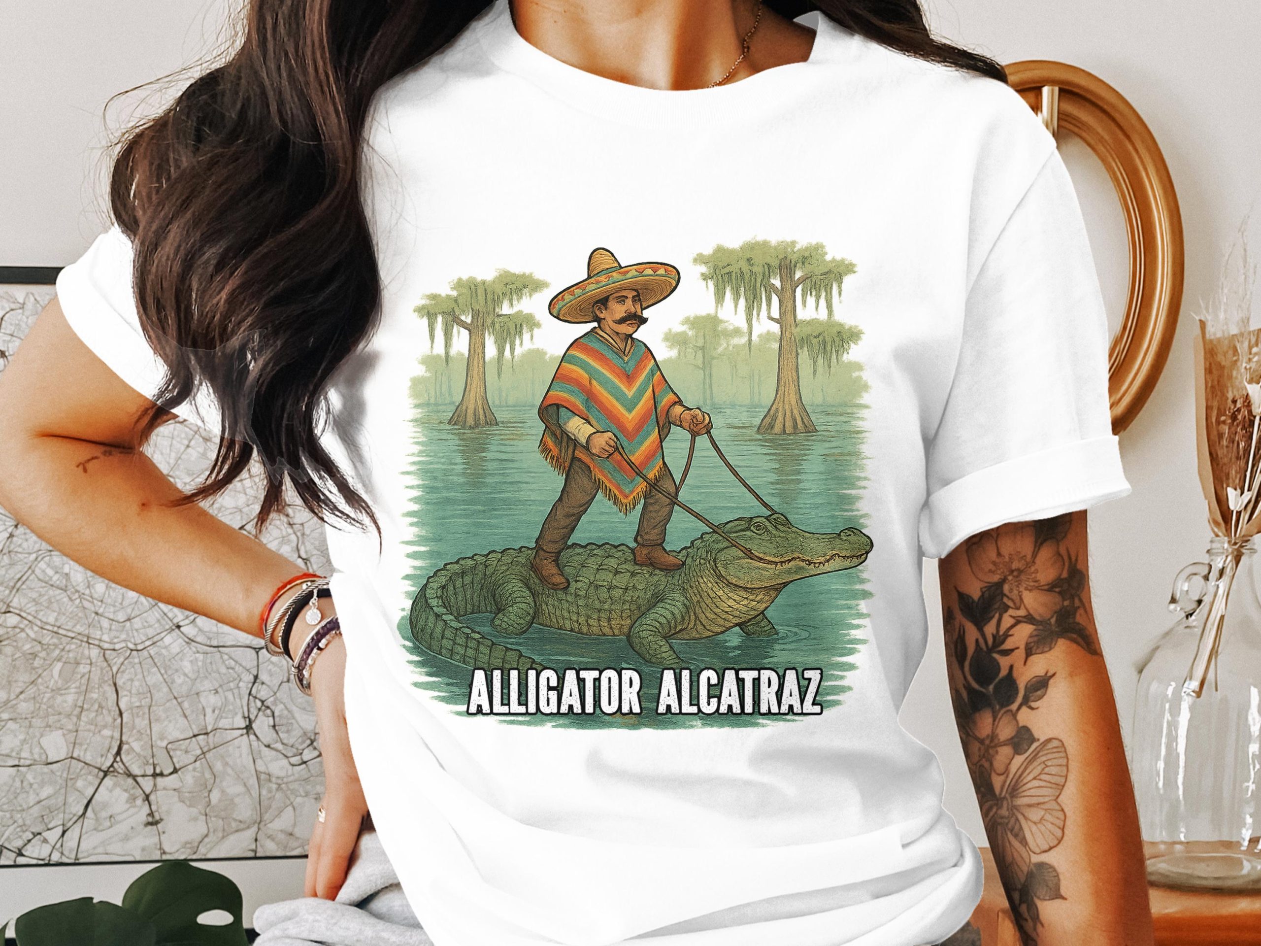 Alligator Alcatraz T-Shirt, Mexican Rider Funny Tee, Novelty Graphic Shirt, Cool Reptile Print, Unique Design, Men Women T-Shirt