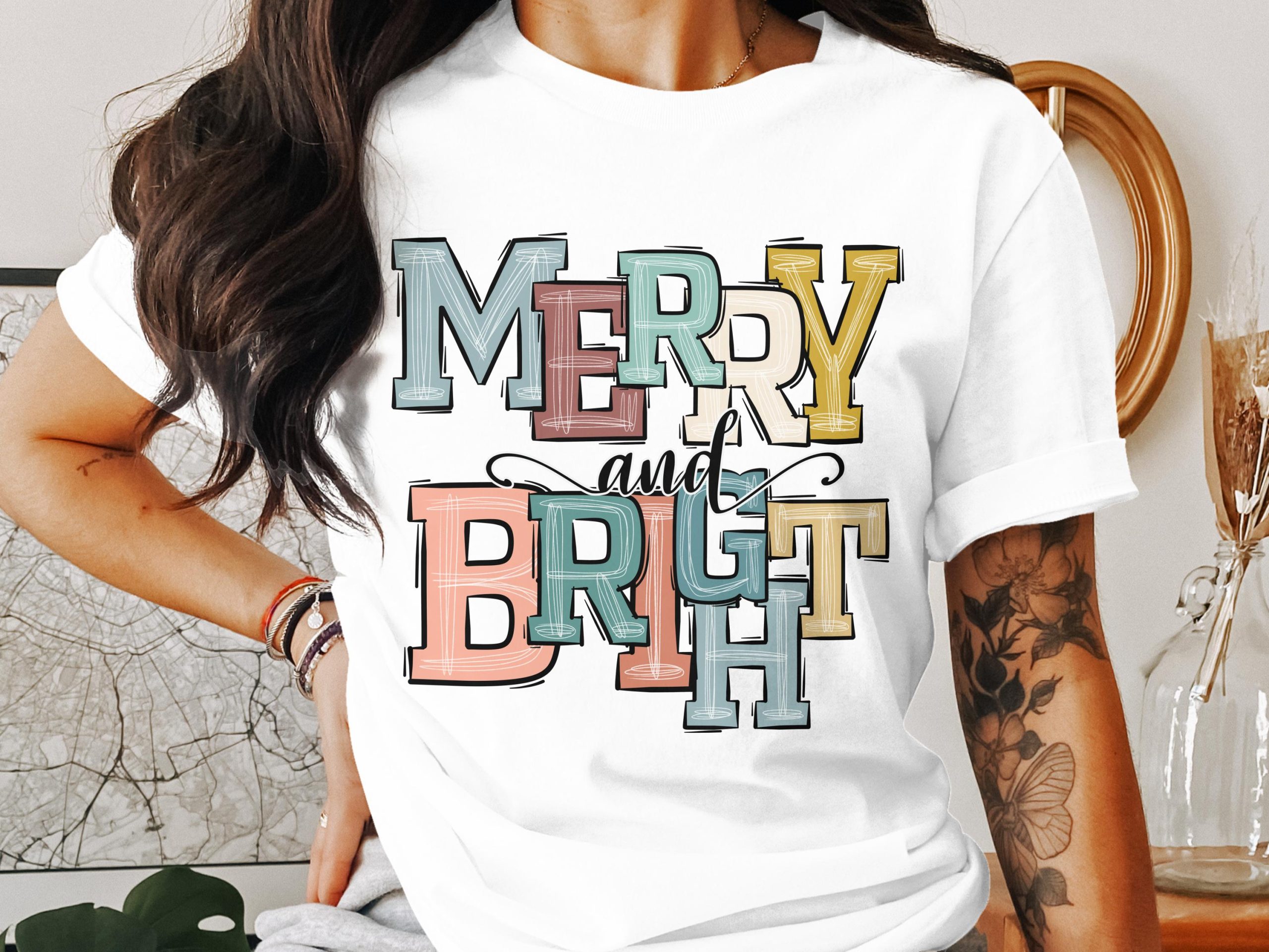 Merry and Bright T-Shirt, Holiday Tee, Festive Shirt, Christmas Gift, Retro Holiday Design, Winter Apparel