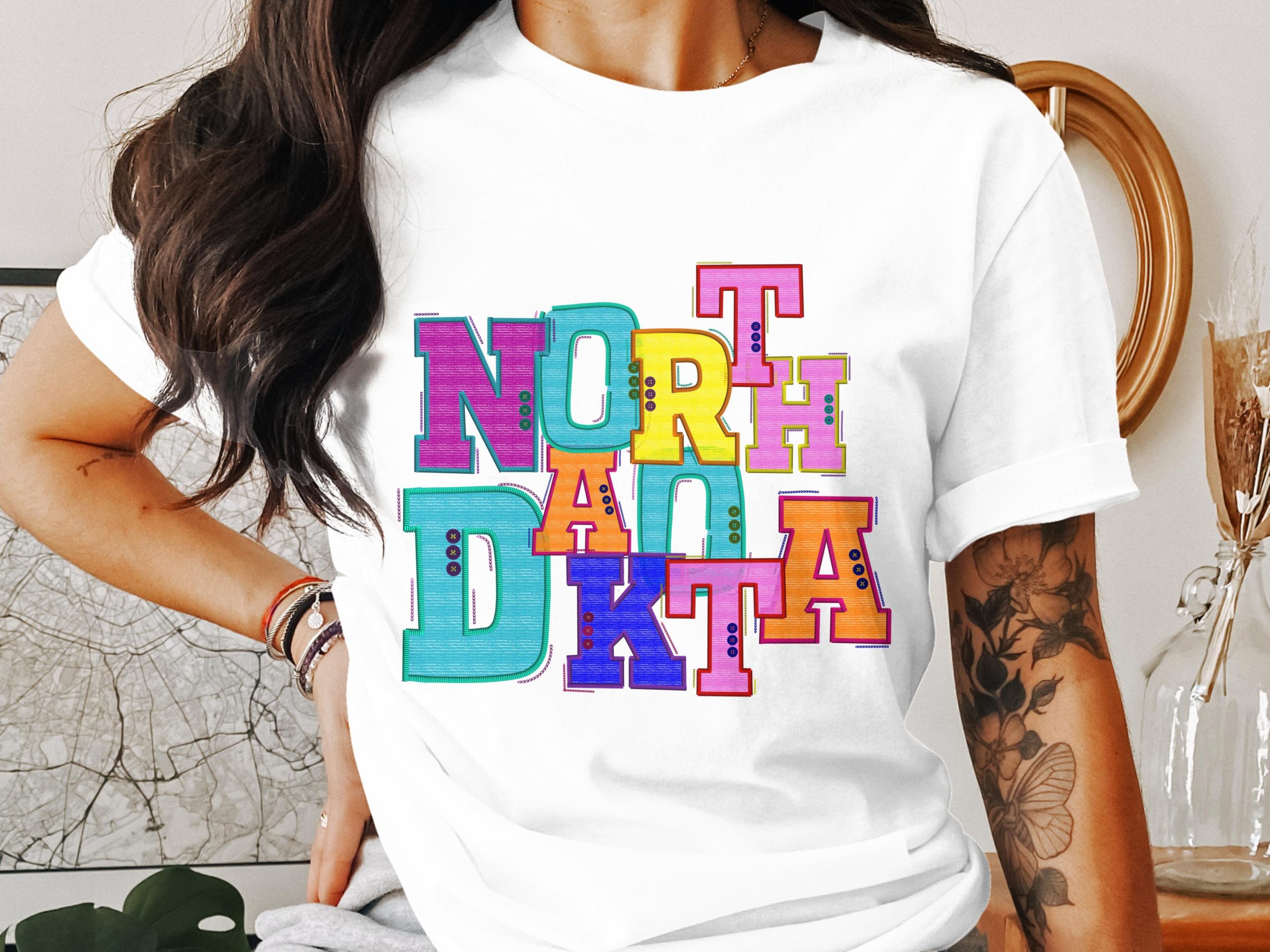 North Dakota T-Shirt, Embroidered State Pride, Colorful ND Tee, Souvenir Gift, Travel T-Shirt, Retro North Dakota Shirt