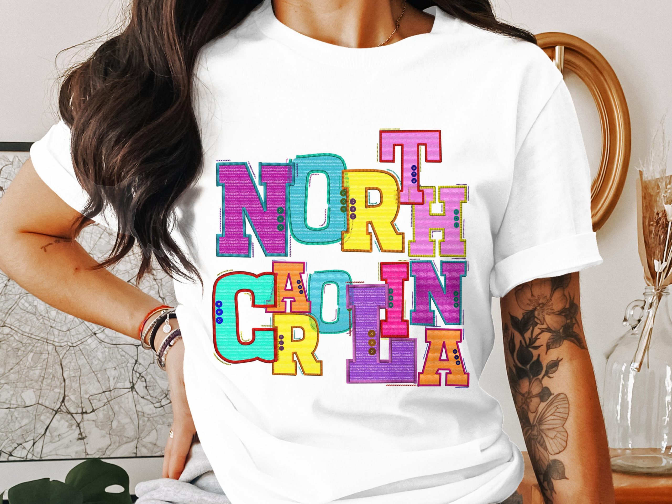 North Carolina T-Shirt, Colorful Embroidered State Name Tee, NC Pride Souvenir Gift, Southern USA Trip, Fun Vacation T Shirt