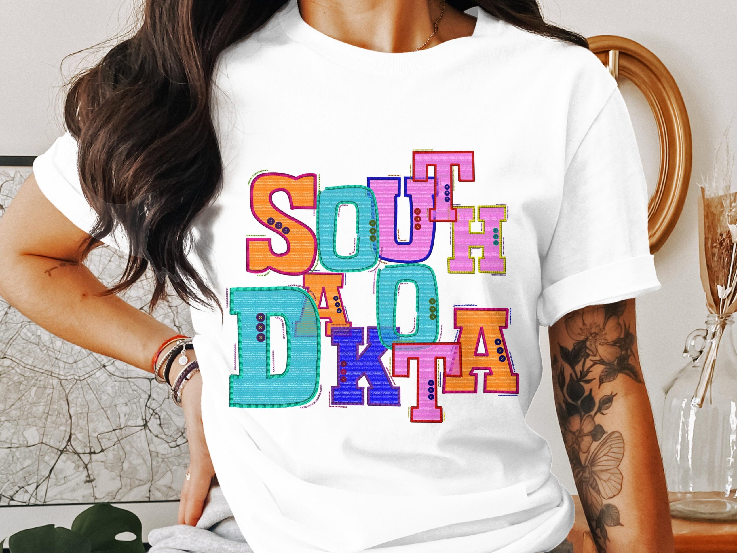 South Dakota T Shirt, Colorful Embroidered Letters Tee, State Pride Shirt, SD Souvenir Gift, Tourist Tee, Vacation Shirt, Road Trip Tee