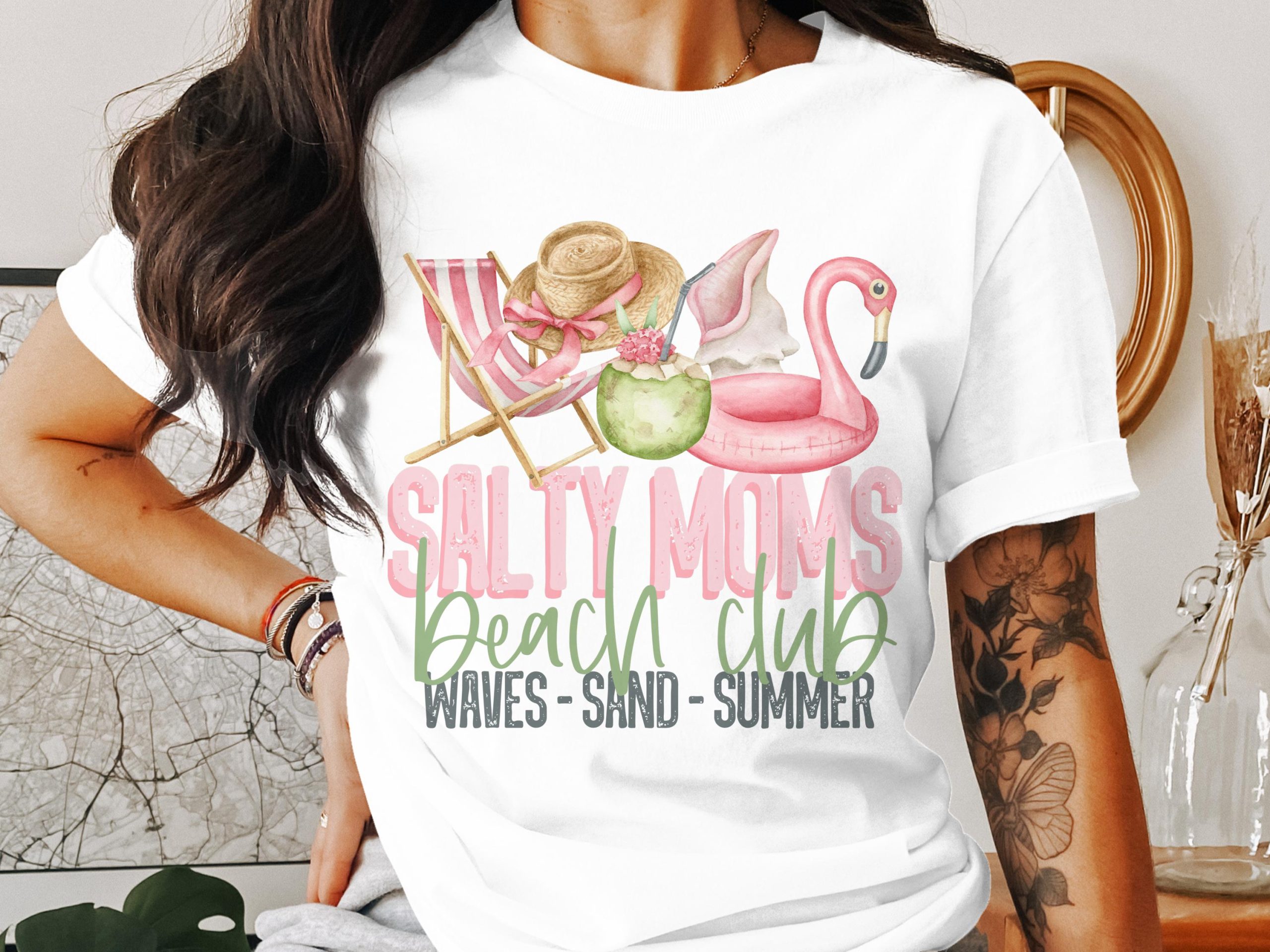 Salty Moms Beach Club T-Shirt, Summer Vibes, Tropical Tee, Beachy Graphic, Mom Life Shirt, Vacation T Shirt, Cute Flamingo T Shirt