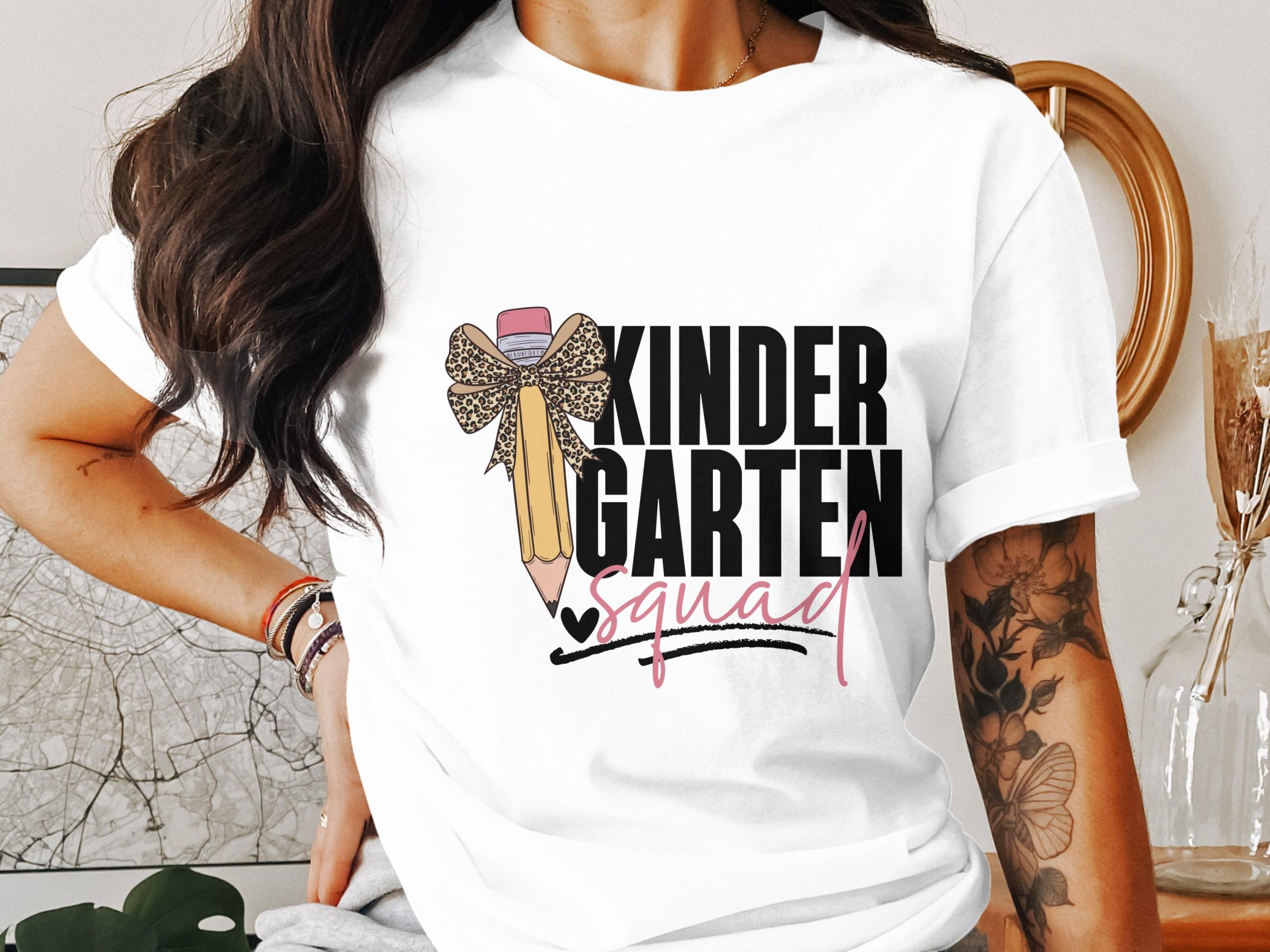 Kindergarten Squad T-Shirt, Leopard Bow Pencil Tee, Teacher Shirt, Back to School Outfit, Kindergarten Teacher Gift, Class T Shirt