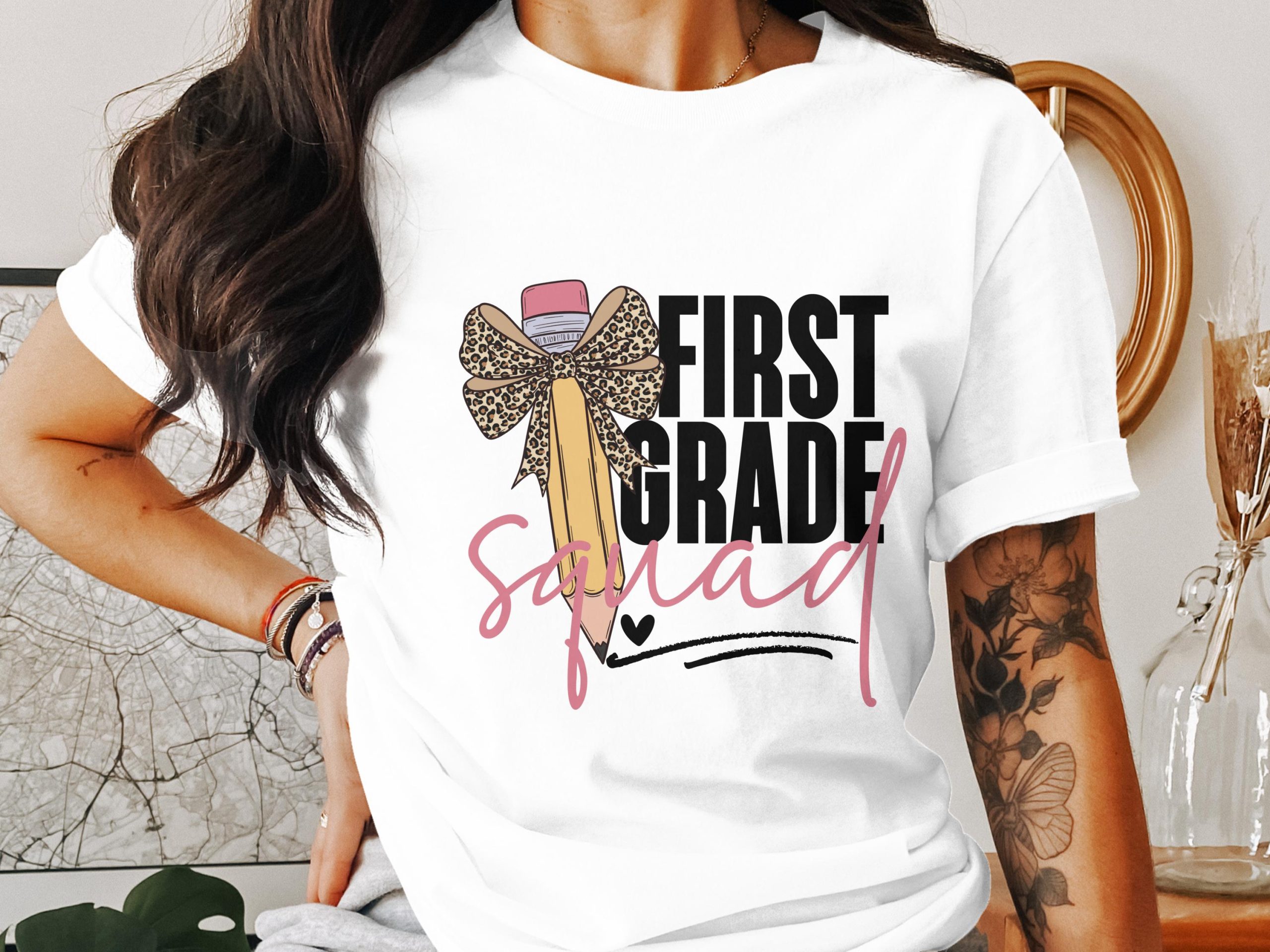 First Grade Squad T-Shirt, Teacher Shirt, Back to School Tee, Elementary School, Leopard Pencil Bow, 1st Grade Squad, School T Shirt
