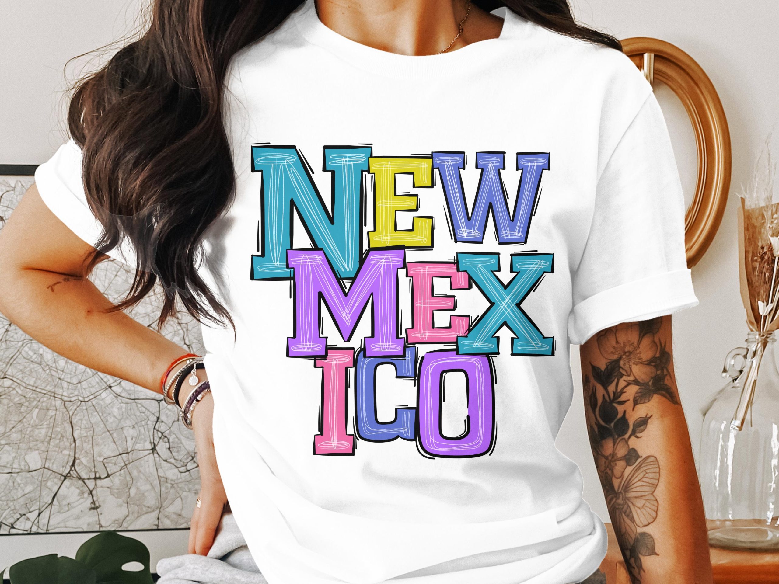 New Mexico Text with Outline Multi Color Print T-Shirt