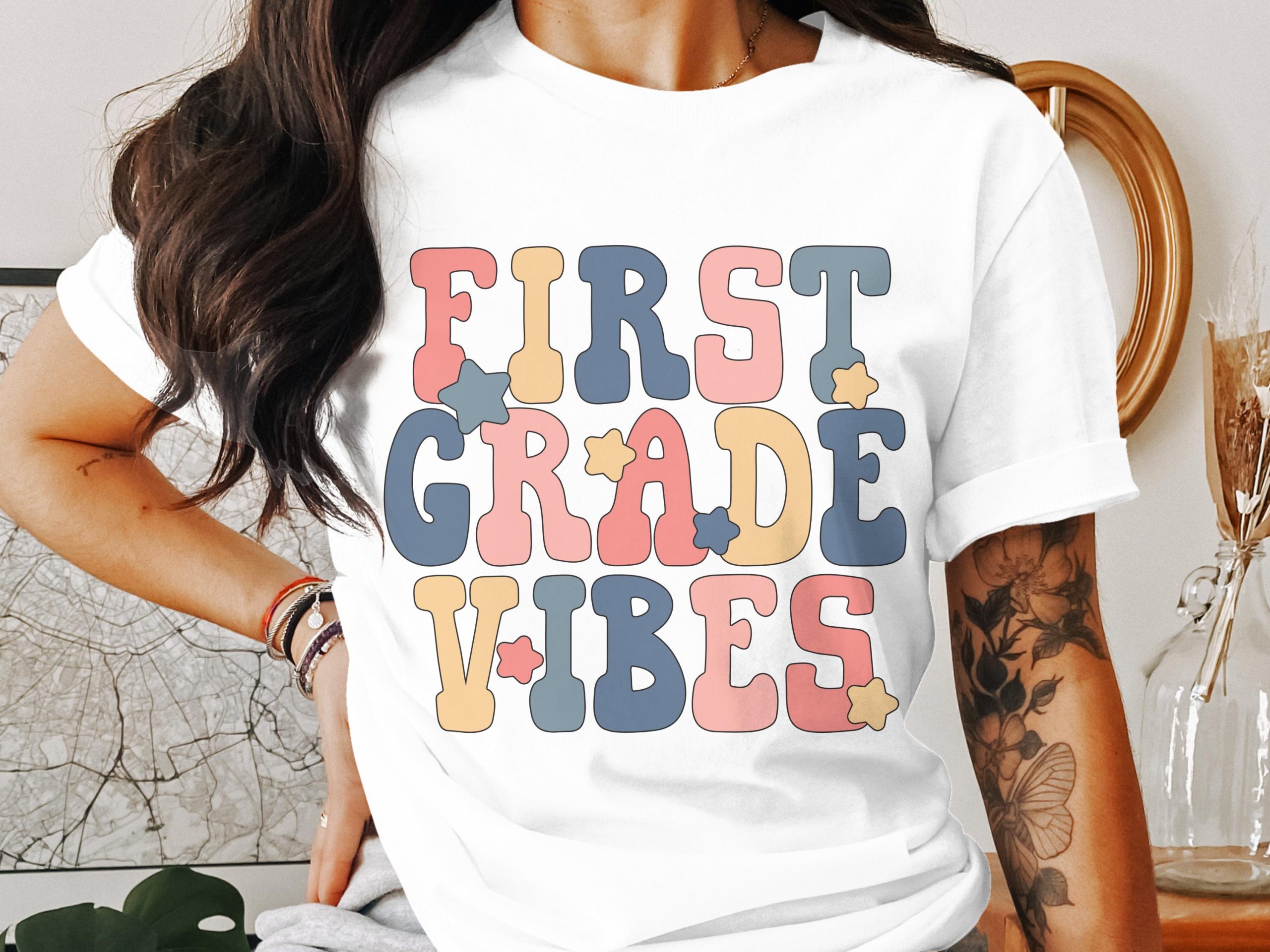 First Grade Vibes T-Shirt, Teacher T-Shirt, Back to School Shirt, Groovy Shirt, Pastel Colors, Fun Classroom Tee, Education Gift