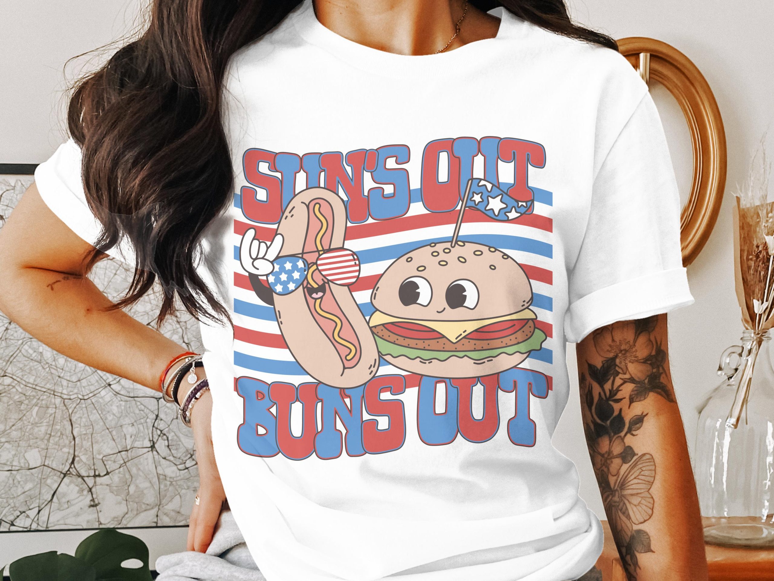 Suns Out Buns Out T-Shirt, Patriotic Hotdog, Burger, 4th of July Tee, Summer T-Shirt, Funny Food T-Shirt, Independence Day Shirt
