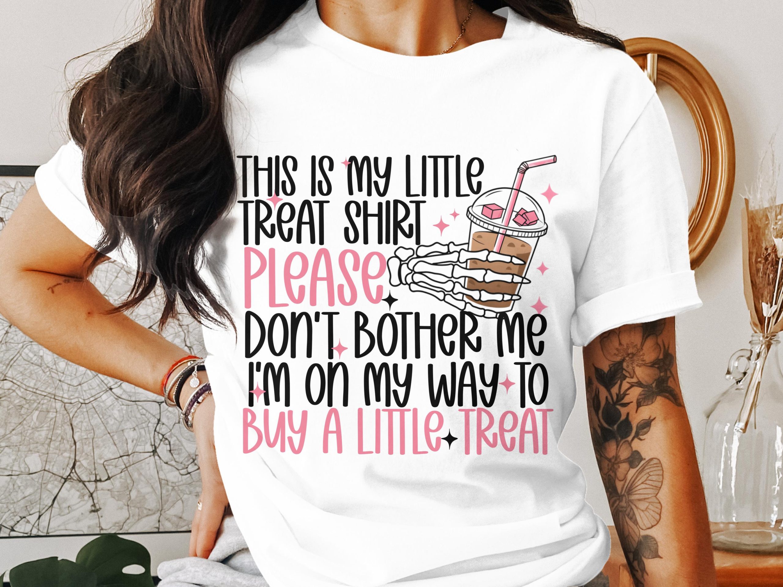 Little Treat T-Shirt, Skeleton Hand Iced Coffee, Don't Bother Me T-Shirt, Funny Treat Tee, Gift Idea, Casual T-Shirt, Trendy Apparel