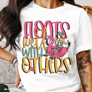 Floats Well With Others T-Shirt, Funny Summer Shirt, Skeleton Beach Vacation Tee, Tropical Flamingo Float Top, Vacation Party TShirt