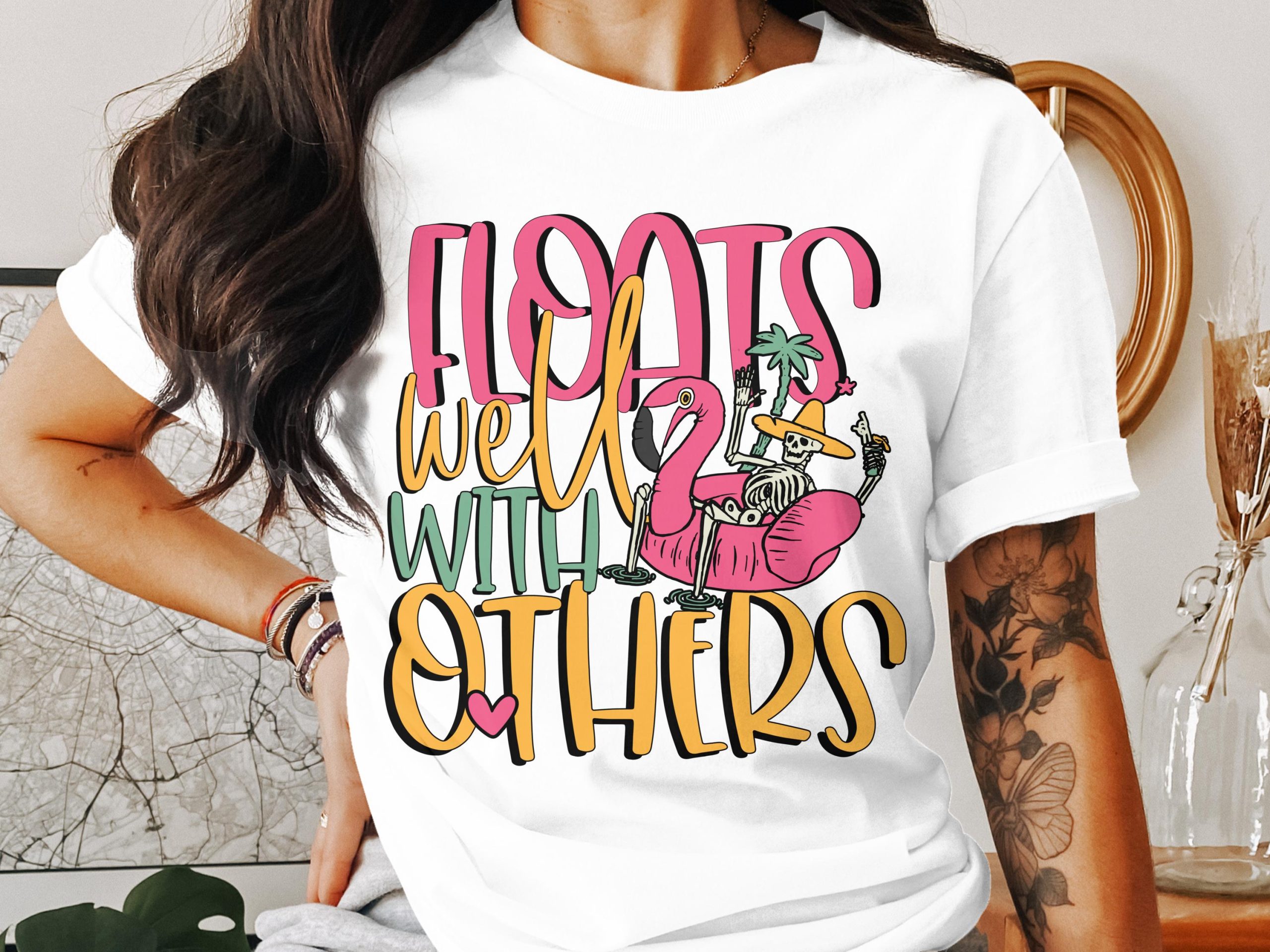 Floats Well With Others T-Shirt, Funny Summer Shirt, Skeleton Beach Vacation Tee, Tropical Flamingo Float Top, Vacation Party TShirt