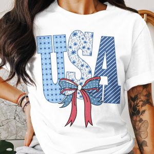 USA Patriotic T-Shirt, Cute Bow Tee, American Flag Shirt, Independence Day Outfit, July 4th Top, Polka Dot Floral Tee, Patriotic Gift