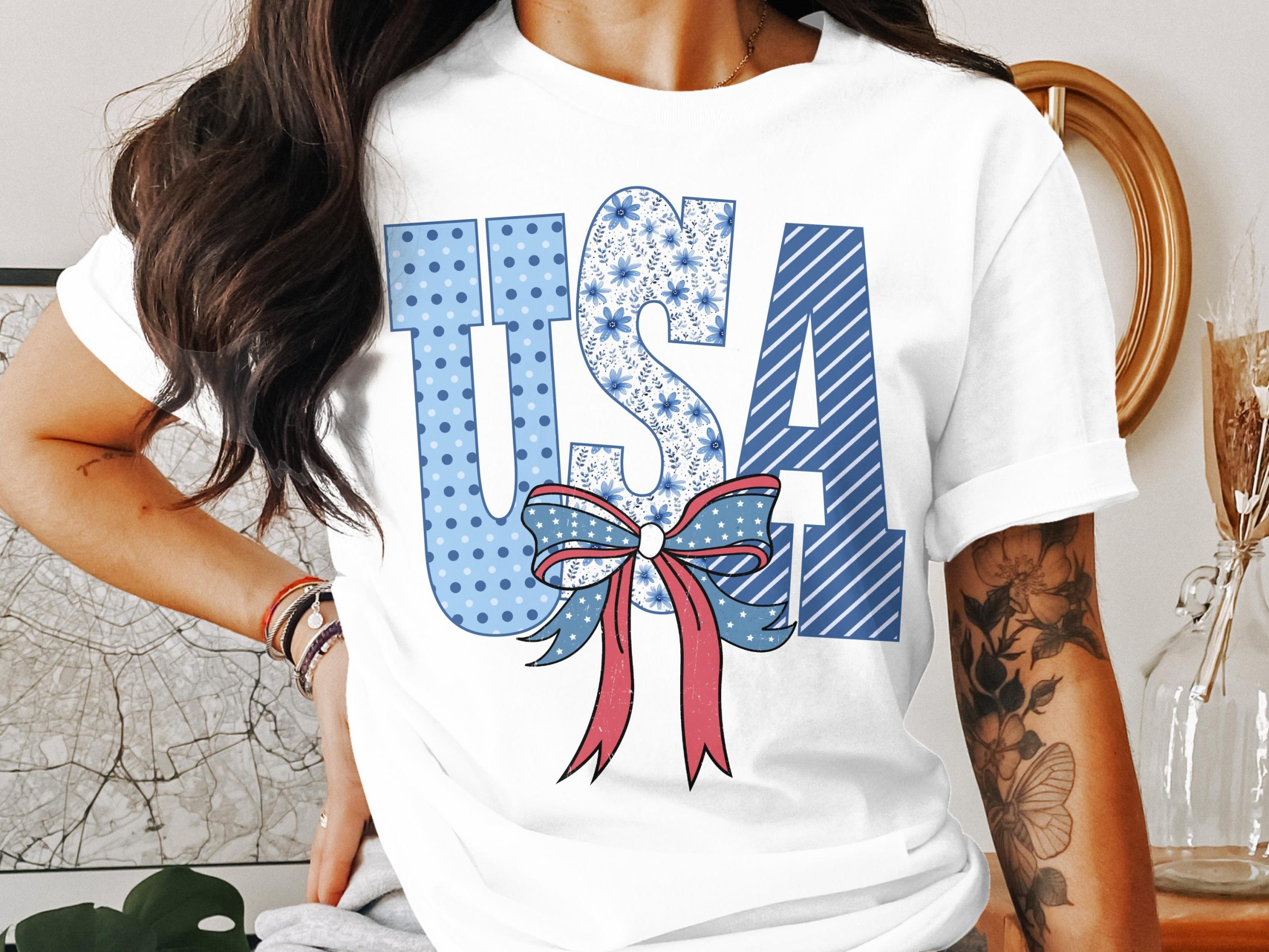 USA Patriotic T-Shirt, Cute Bow Tee, American Flag Shirt, Independence Day Outfit, July 4th Top, Polka Dot Floral Tee, Patriotic Gift