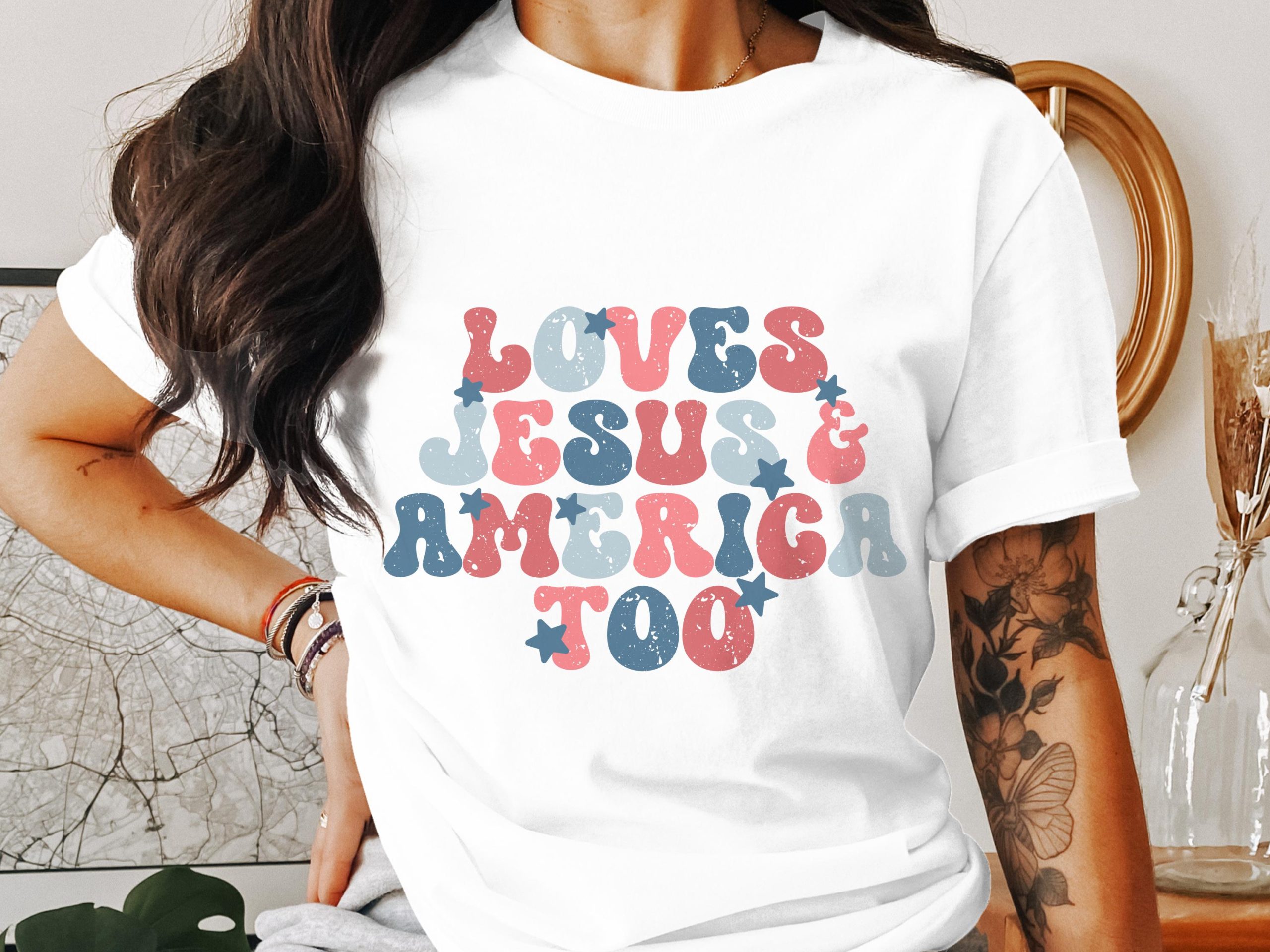 Loves Jesus and America Too T-Shirt, Patriotic Shirt, Religious T-Shirt, 4th of July T-Shirt, USA Shirt, Patriotic Gift