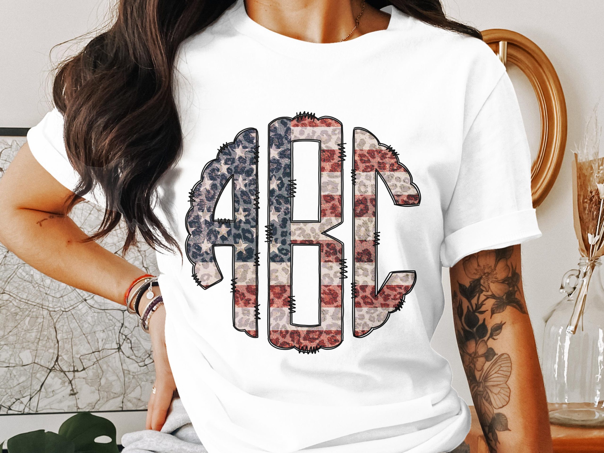 Digital Custom Monogram,USA Flag Monogram,Leopard Print,Personalized Download,Circle Monogram,DIY Project,Patriotic,Printable,PNG