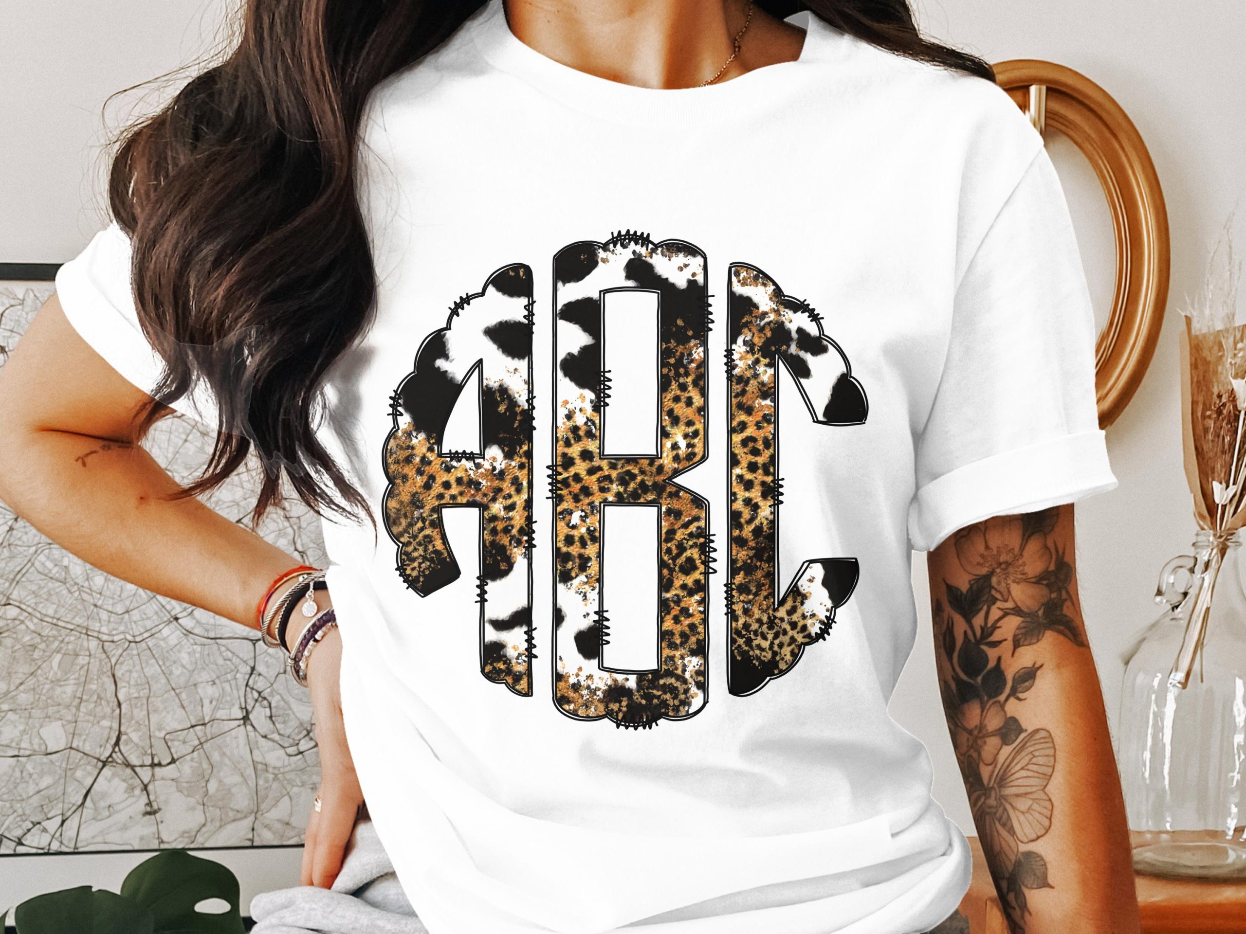 Digital,Custom Digital Download Monogram, Cow Print, Leopard Print, Personalized Initial, Circle Monogram Frame, Printable PNG, DIY Design