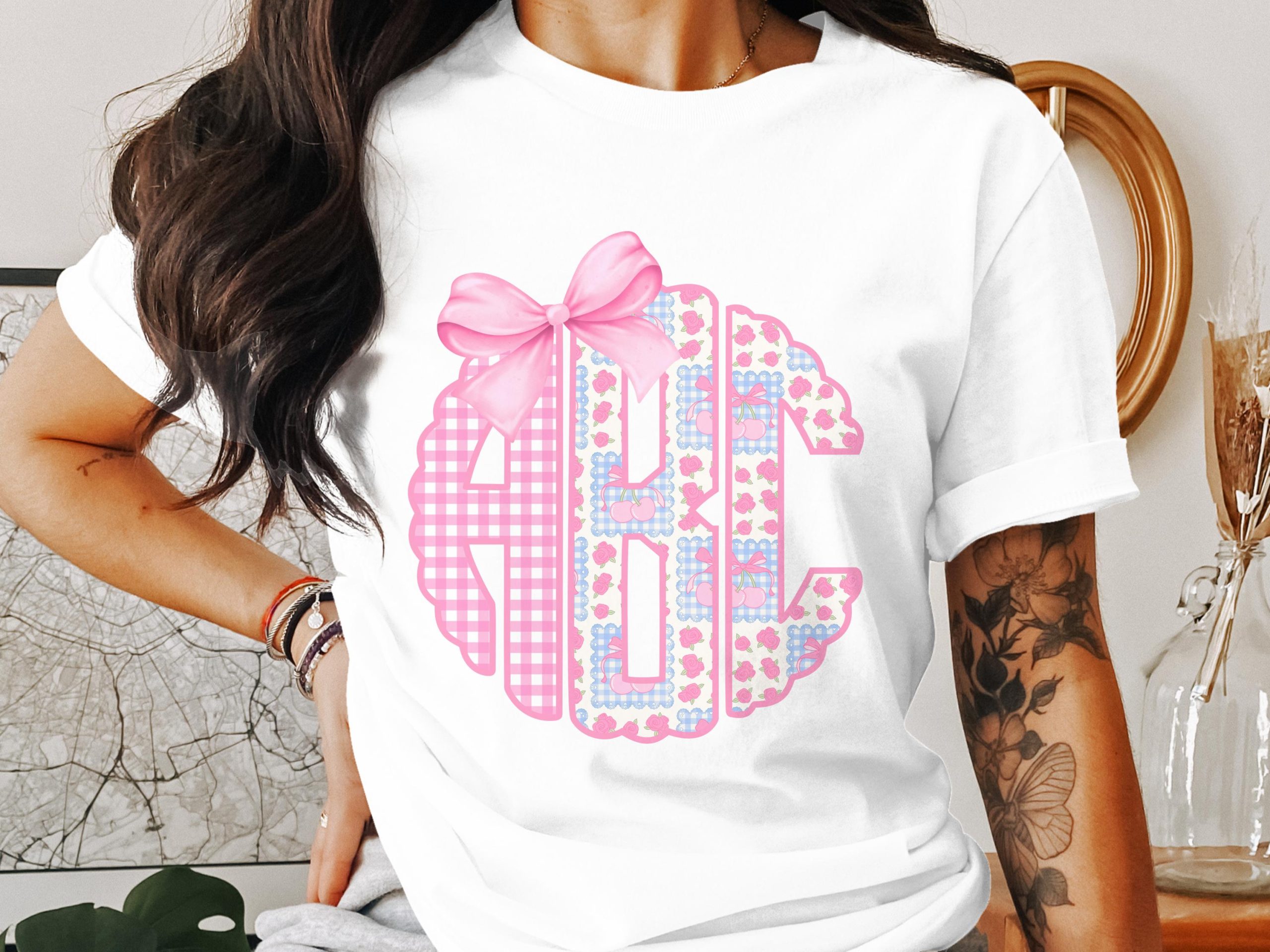 Digital Custom Monogram, Pink Gingham, Floral Digital Download, Personalized Initials, DIY Monogram, Cricut Design, Digital File