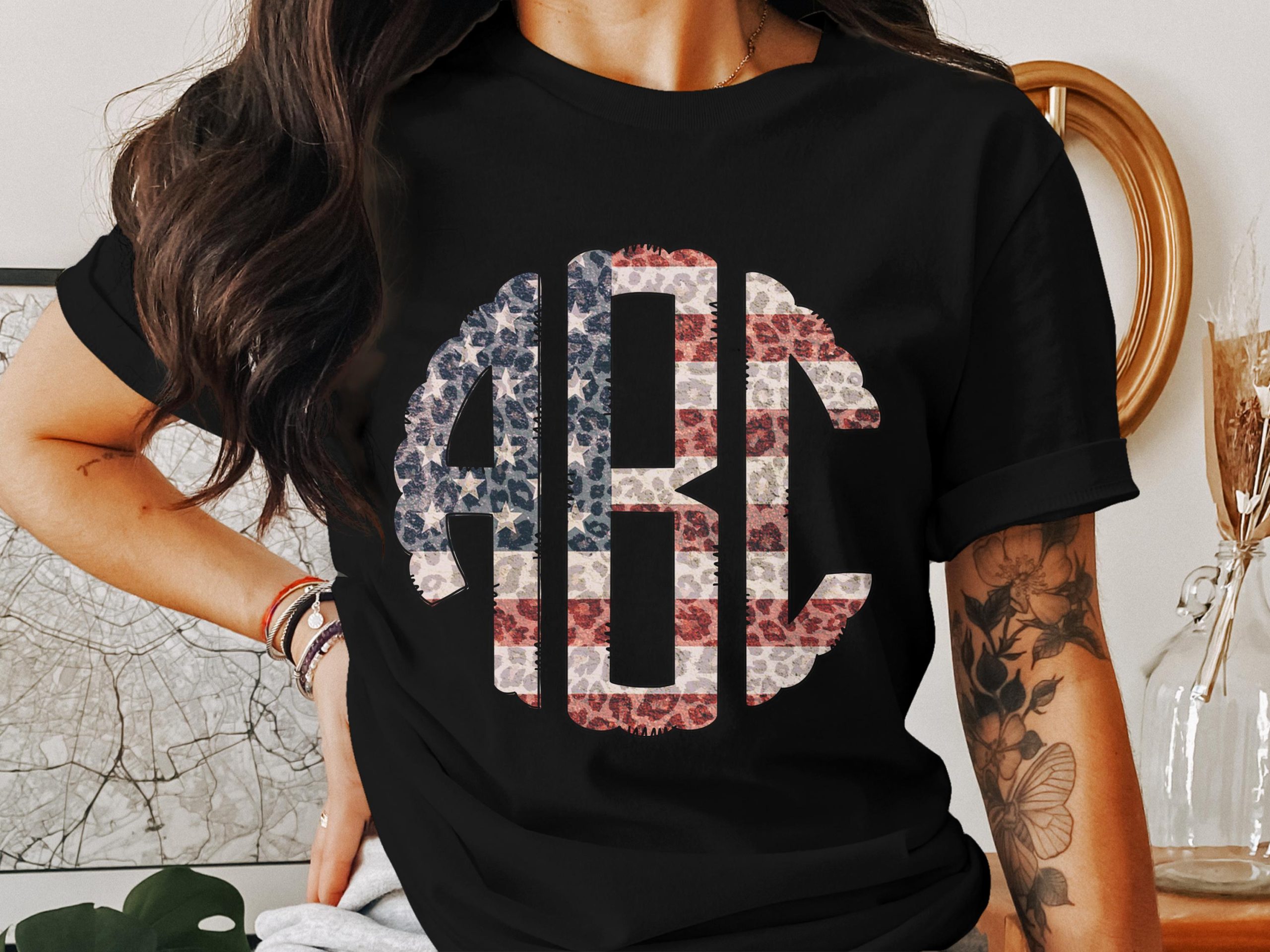 Digital Custom Monogram,USA Flag Monogram,Leopard Print,Personalized Download,Circle Monogram,DIY Project,Patriotic,Printable,PNG - Image 2