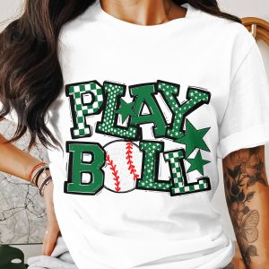 Play Ball T-Shirt, Baseball Lover Tee, Sports Fan Gift, Green Stars and Patterns, Baseball Graphic Tee, Game Day Shirt, Baseball Mom Shirt