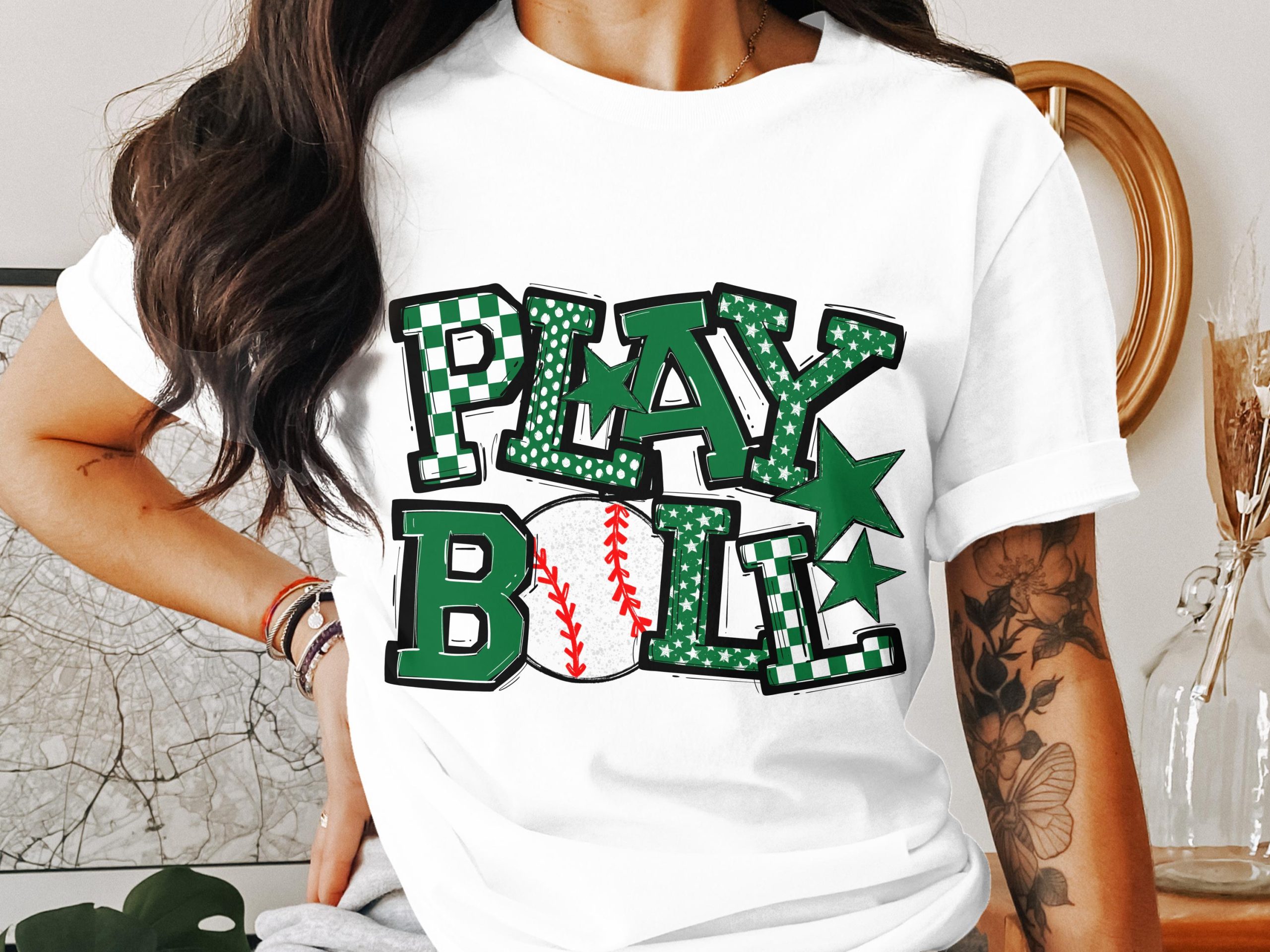Play Ball T-Shirt, Baseball Lover Tee, Sports Fan Gift, Green Stars and Patterns, Baseball Graphic Tee, Game Day Shirt, Baseball Mom Shirt
