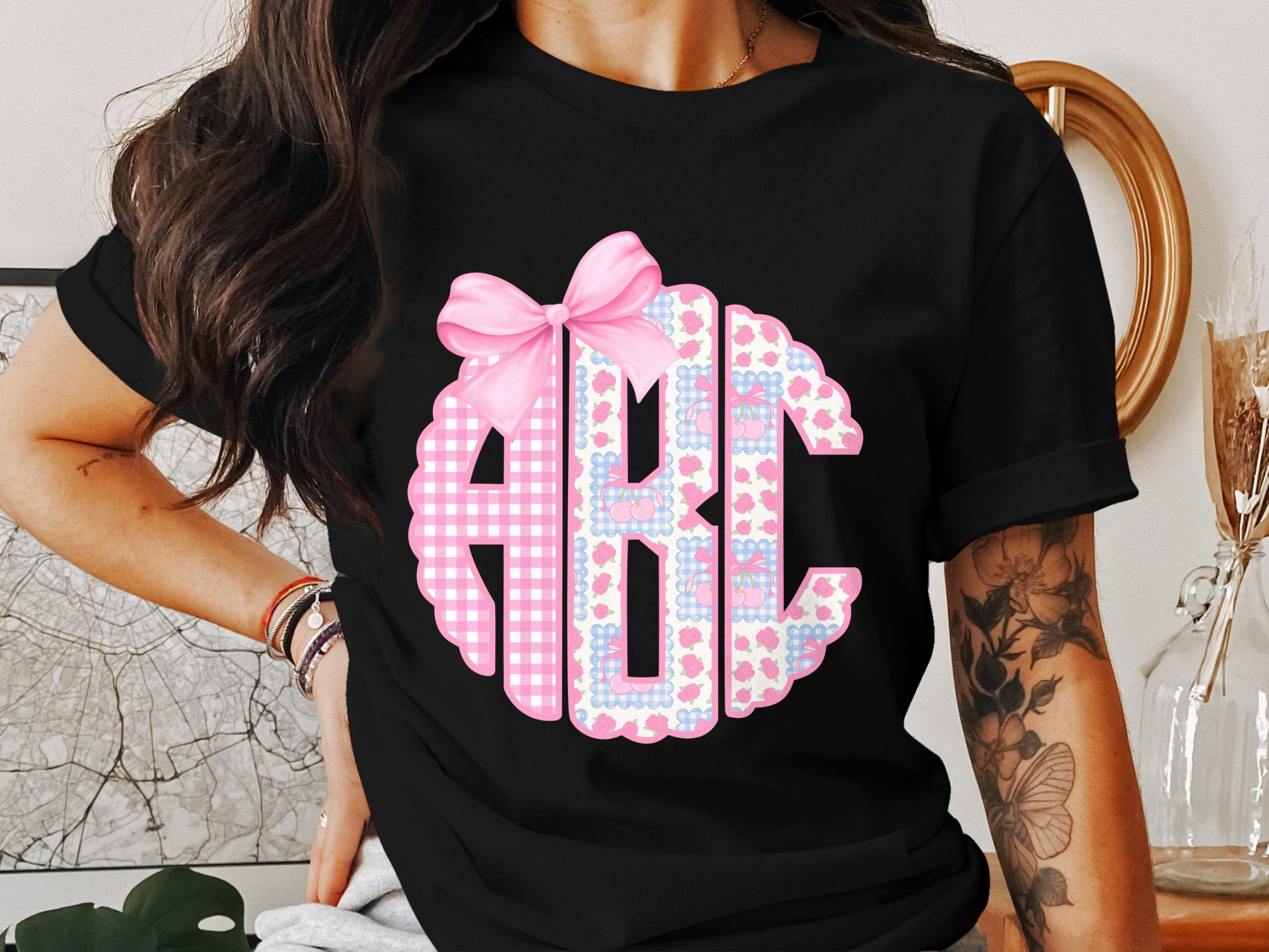 Digital Custom Monogram, Pink Gingham, Floral Digital Download, Personalized Initials, DIY Monogram, Cricut Design, Digital File - Image 2