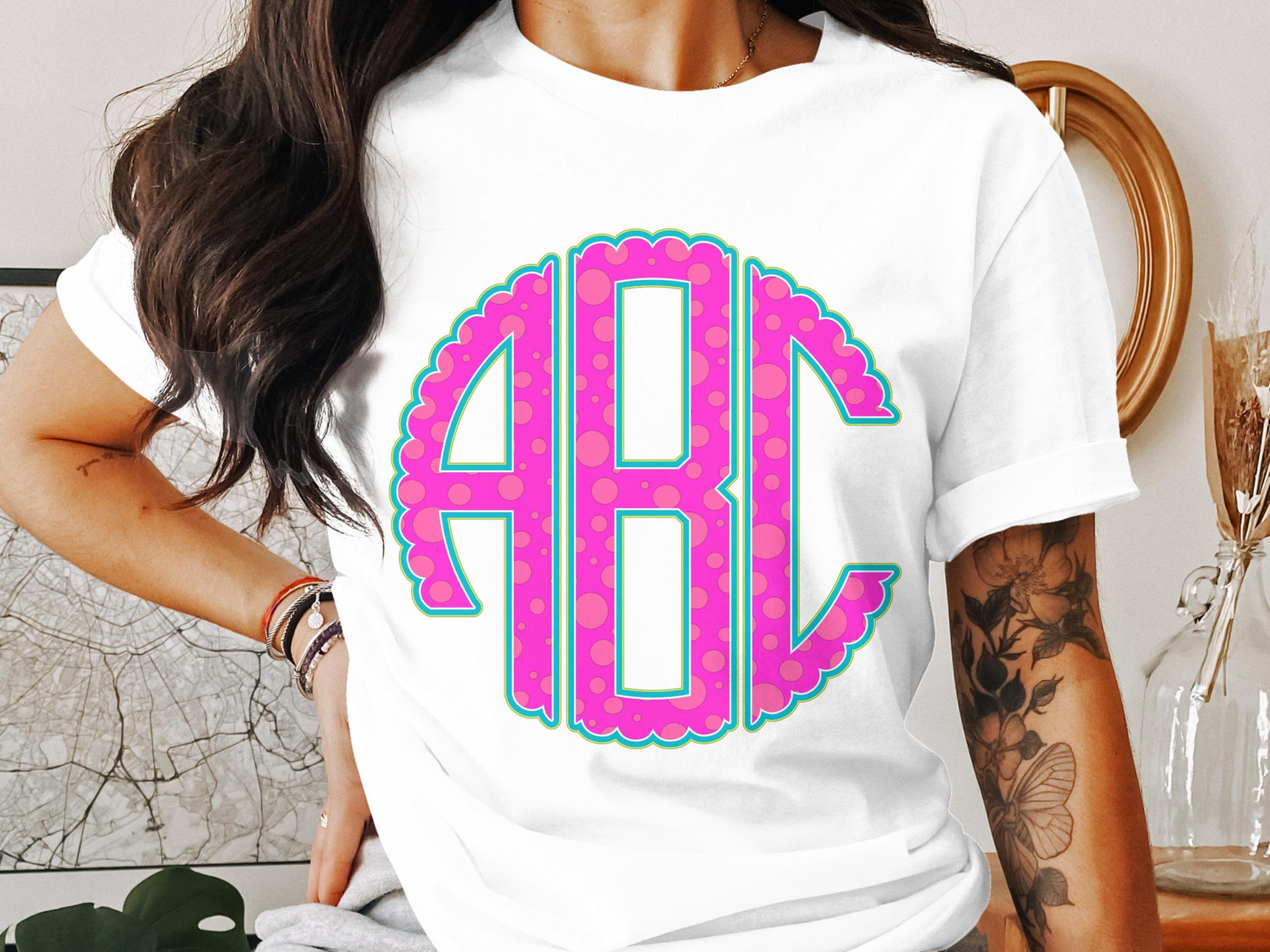 Digital Custom Monogram, Pink and Teal Monogram, Digital Download, Scalloped Monogram, Printable Monogram, Personalized Initials