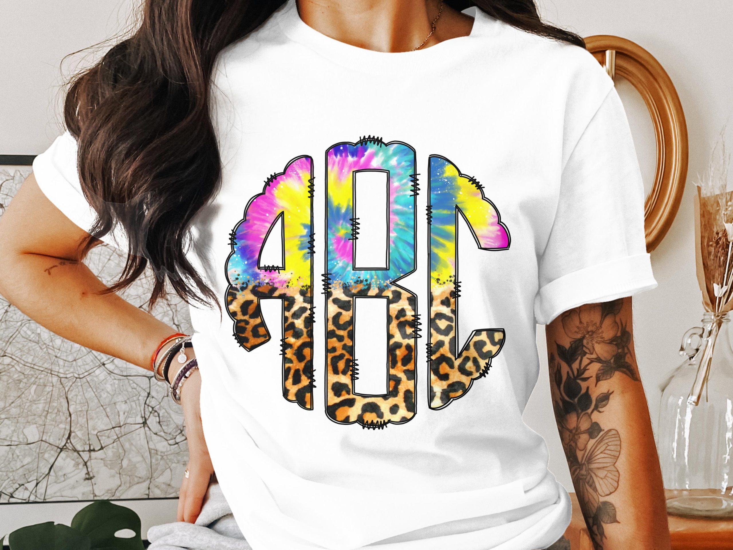 Digital Custom Monogram Download, Leopard Print, Tie Dye, PNG File, Personalized Initials, DIY Projects, Printables, Customized Gifts