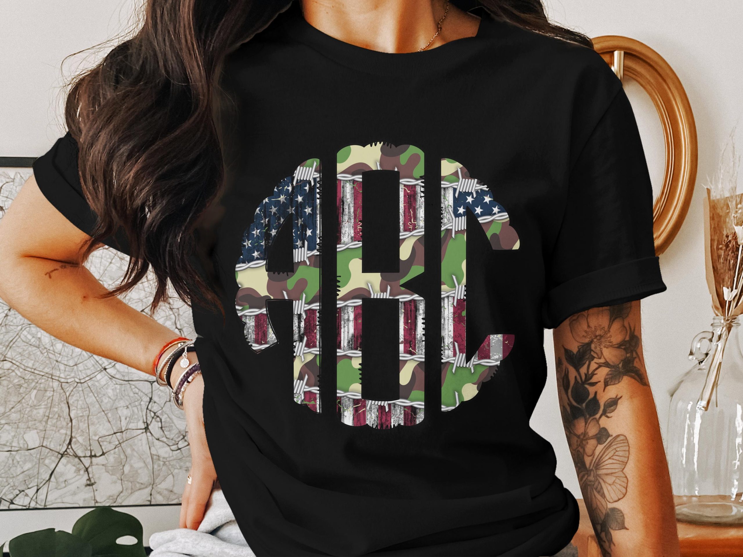 Digital Custom Monogram, American Flag, Camo, Patriotic Gift, Printable Wall Art, Personalized Initials, Digital Download - Image 2