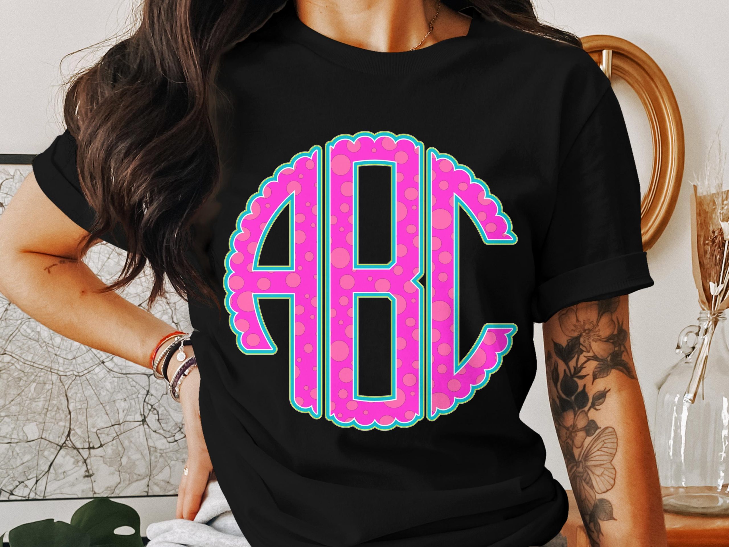 Digital Custom Monogram, Pink and Teal Monogram, Digital Download, Scalloped Monogram, Printable Monogram, Personalized Initials - Image 2