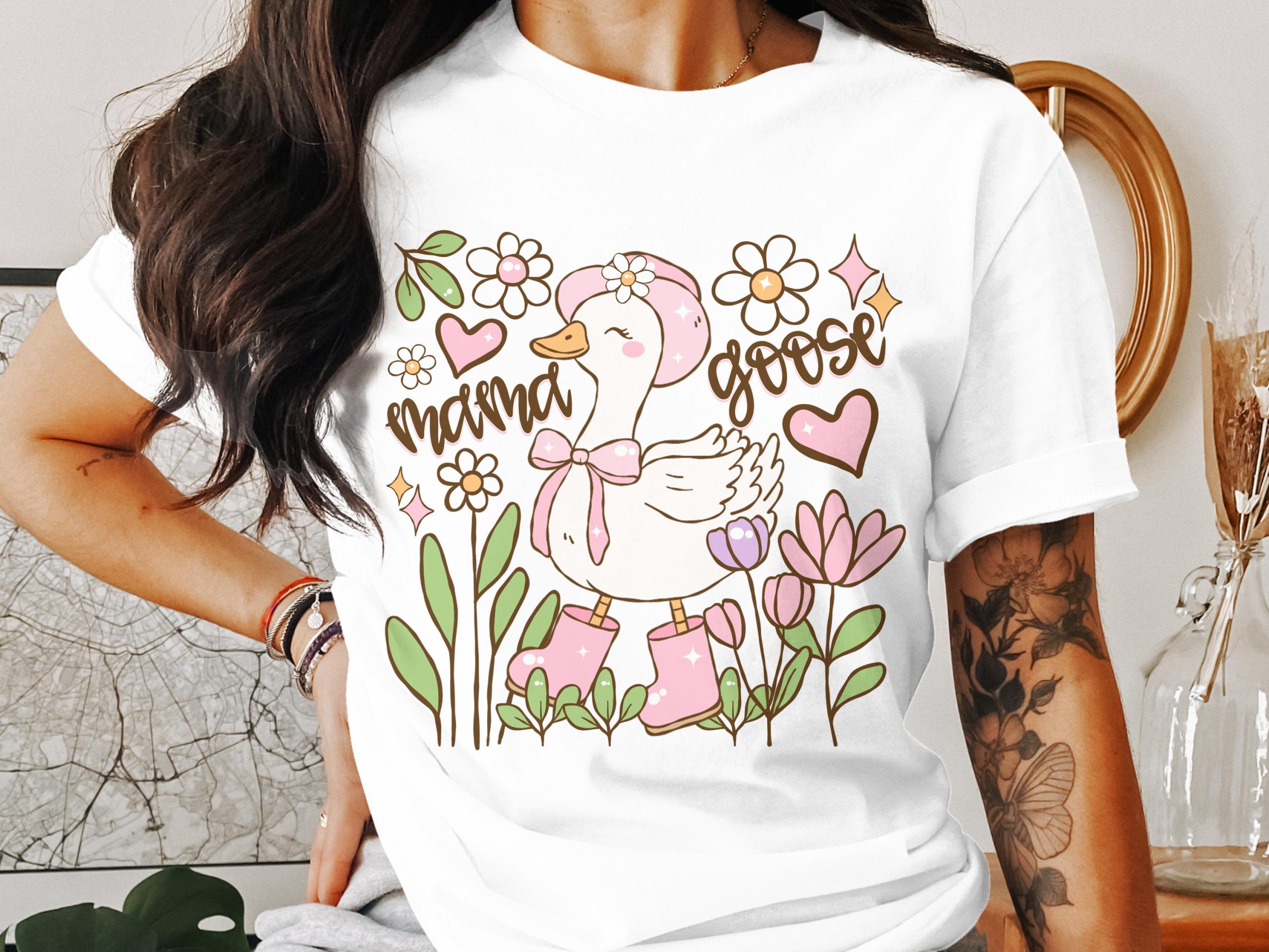 Mama Goose T-Shirt, Cute Goose with Flowers T-Shirt, Gift for Mom, Fun Goose Tee, Spring T Shirt, Animal Lover T-Shirt