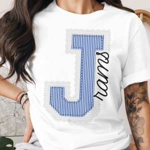 Letter J T Shirt, Striped Initial Tee, Rams Text Shirt, Personalized Alphabet Top, Trendy Graphic TShirt, Gift For Her, Custom Name T-Shirt