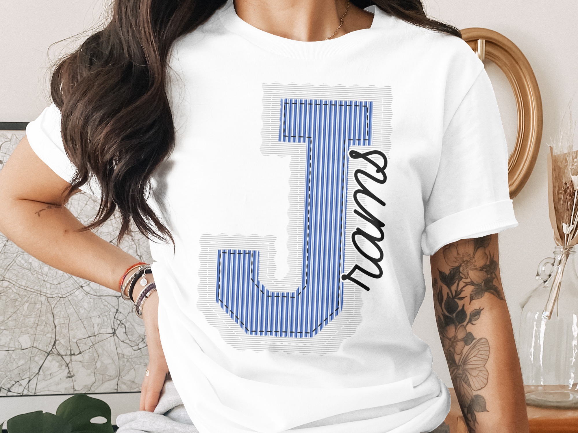 Letter J T Shirt, Striped Initial Tee, Rams Text Shirt, Personalized Alphabet Top, Trendy Graphic TShirt, Gift For Her, Custom Name T-Shirt