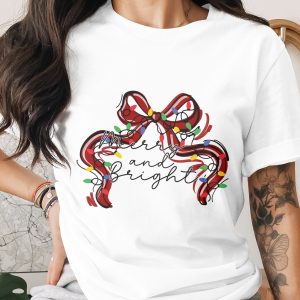 Merry and Bright T-Shirt, Holiday Tee, Christmas T Shirt, Bow Lights Shirt, Festive TShirt, Xmas Gift Idea, Trendy Shirt, Cute Holiday