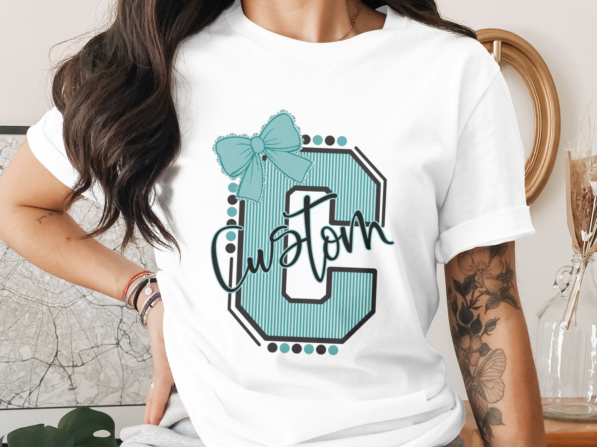 Digital, Custom Initial and Mascot Sublimation PNG Download, Striped Letter with Bow, Personalized Mascot, DIY Design, Instant Download