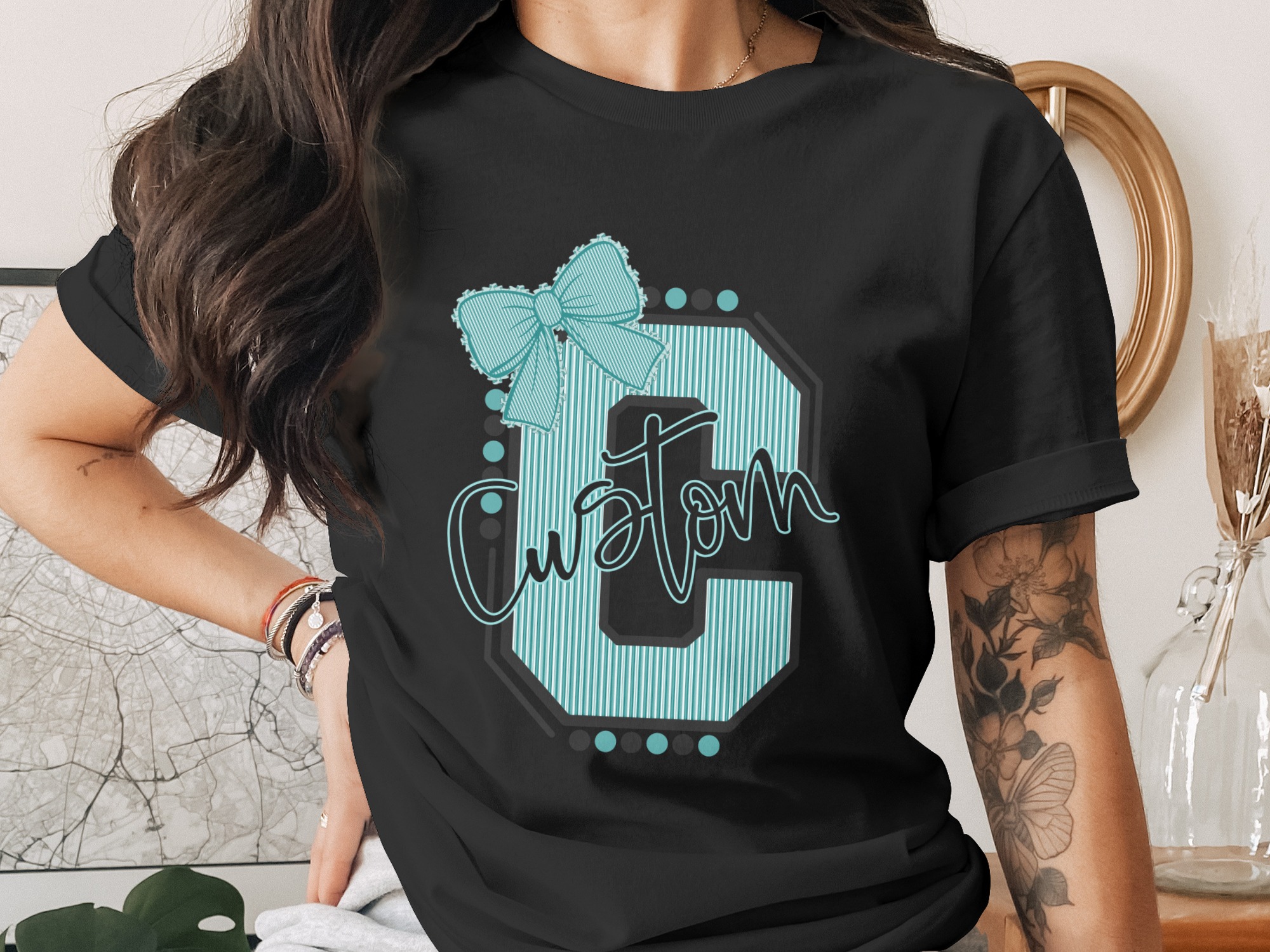 Digital, Custom Initial and Mascot Sublimation PNG Download, Striped Letter with Bow, Personalized Mascot, DIY Design, Instant Download - Image 2