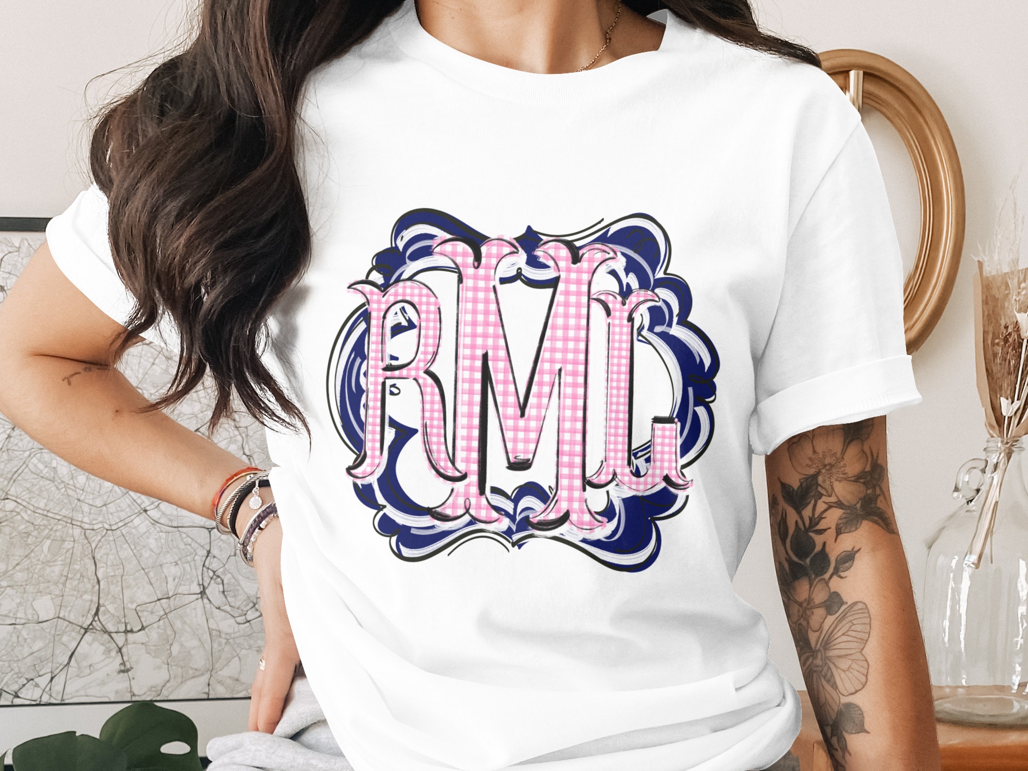 Personalized Monogram T-Shirt, Pink Gingham Letters, Custom Initial Shirt, Unique Gift Idea, Trendy Graphic Tee, Stylish Casual Wear