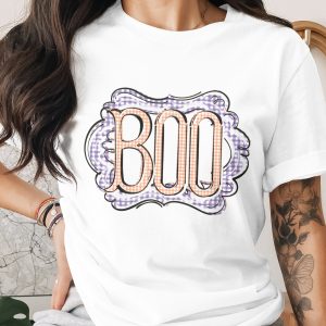 Halloween Boo T-Shirt, Spooky Season Tee, Gingham Pattern Shirt, Ghost Costume Shirt, Fall Vibes Apparel, Trendy Halloween Gift Idea