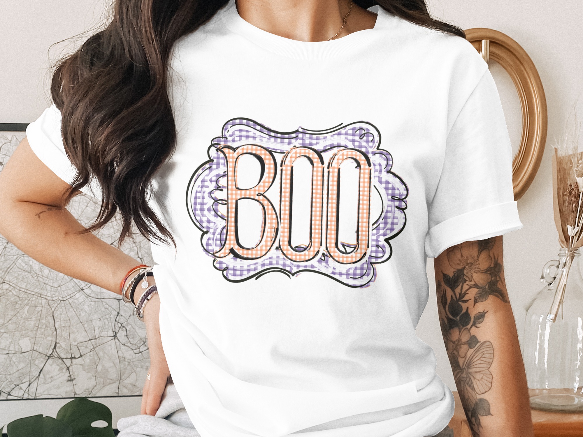 Halloween Boo T-Shirt, Spooky Season Tee, Gingham Pattern Shirt, Ghost Costume Shirt, Fall Vibes Apparel, Trendy Halloween Gift Idea