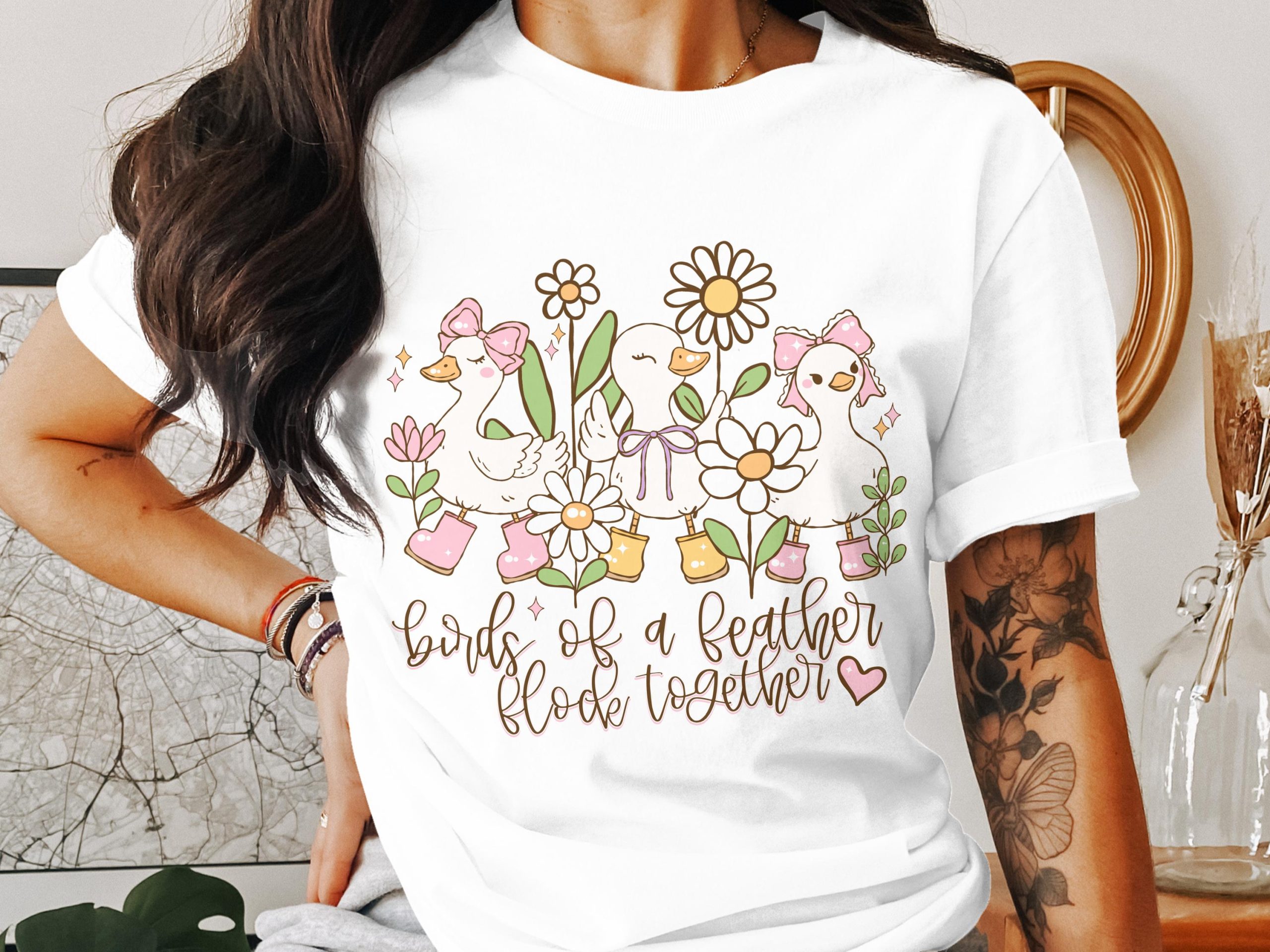 Birds of a Feather T-Shirt, Cute Duck Tee, Floral TShirt, Animal Lover Gift, Flock Together Shirt, Kawaii Style Top, Unique T-Shirt