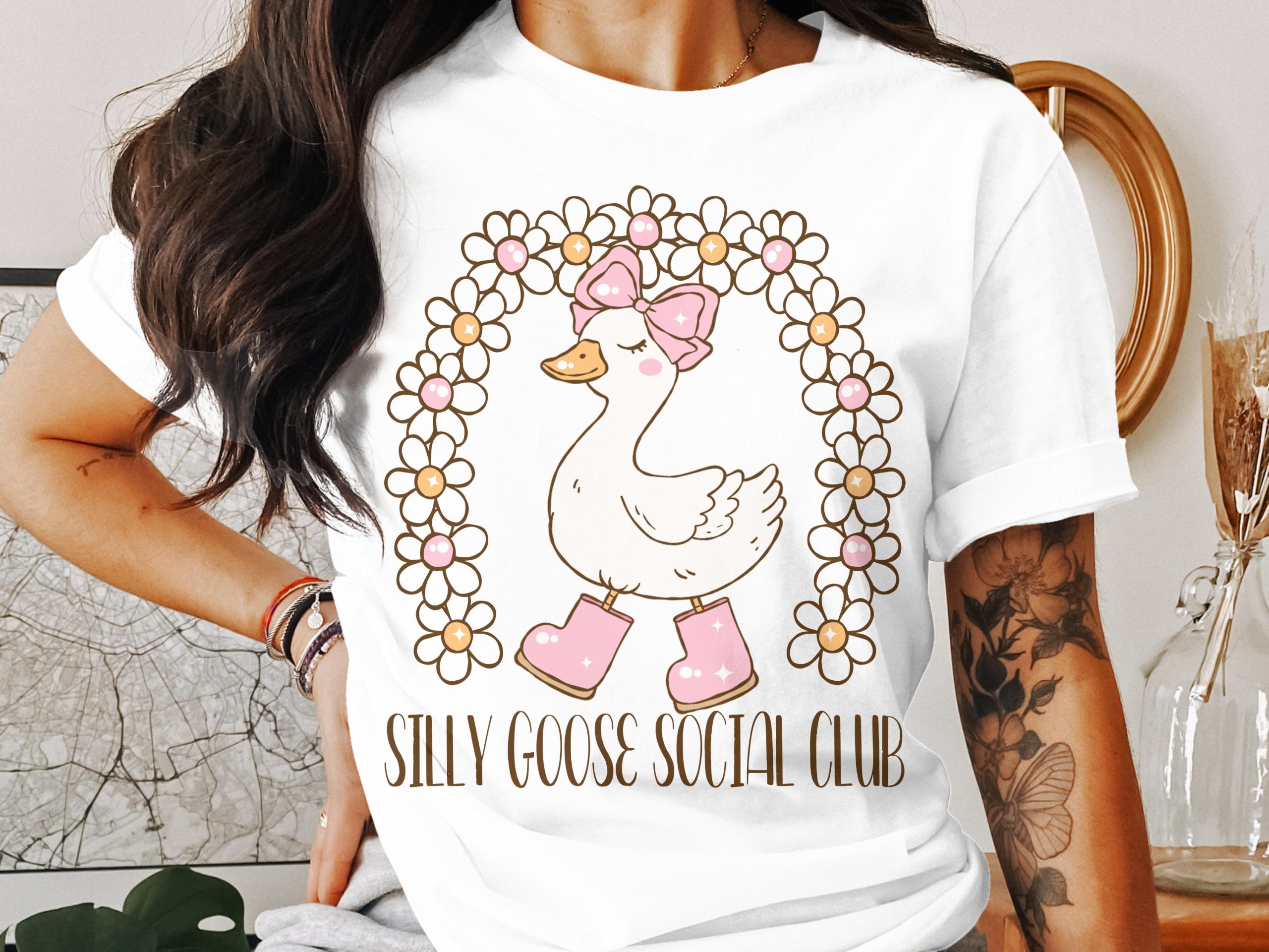 Silly Goose Social Club T-Shirt, Daisy Goose Tee, Goose with Bow T-Shirt, Fun Goose Tee, Quirky Goose Apparel, Animal T-Shirt, Cute Goose
