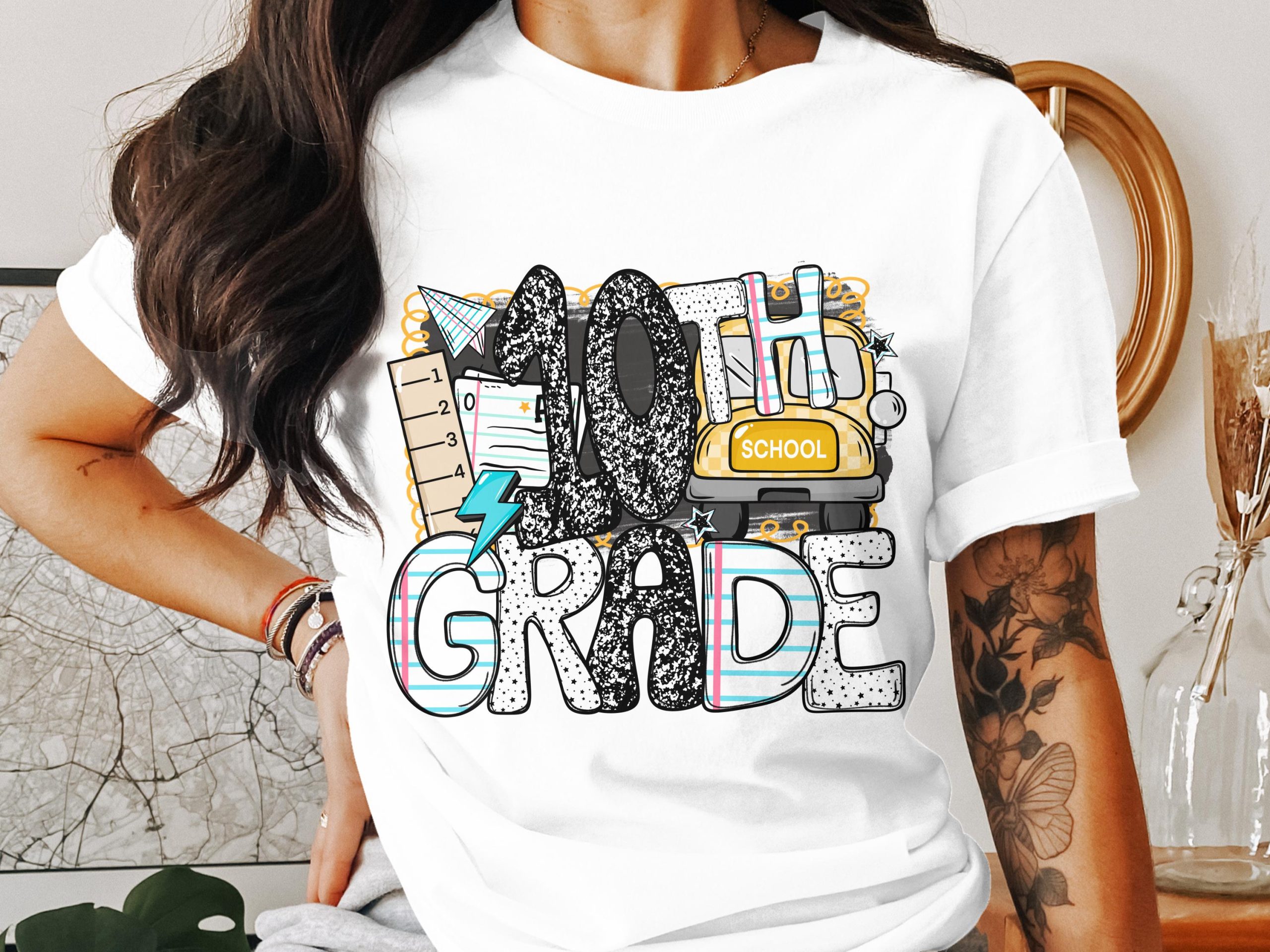 4th Grade T-Shirt, Fourth Grade Tee, Back to School Shirt, School Bus, Ruler, Lightning Bolt, Teacher Gift, Student Shirt, Kids T-Shirt