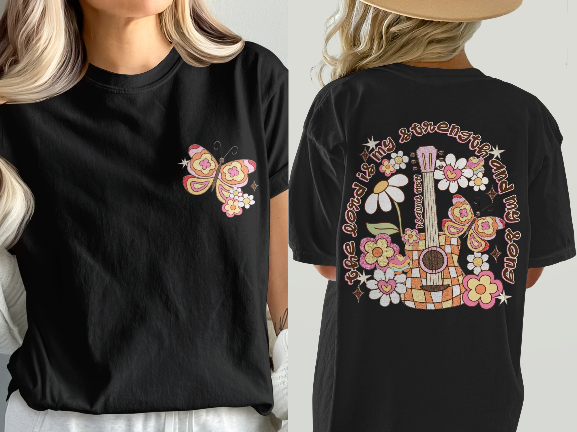 Comfort Colors C1717 Guitar Butterfly T-Shirt, Retro Floral Tee, Psalms 118 14 Shirt, Faith Based T-Shirt, Christian Shirt, Boho TShirt - Image 2