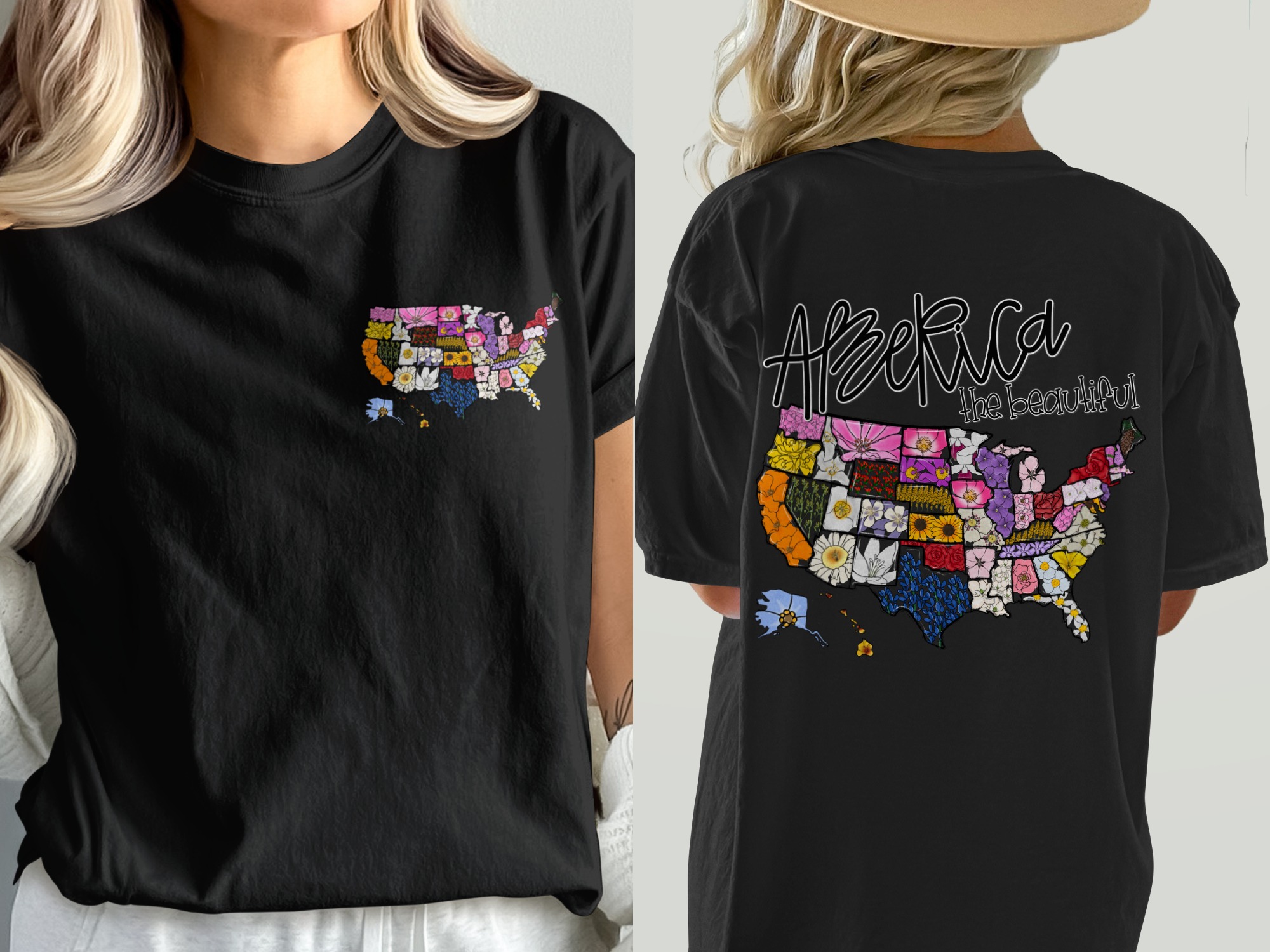 America The Beautiful T Shirt, Floral US Map Shirt, Patriotic Tee, USA Pride Gift, Colorful United States, American Pride T-Shirt - Image 2