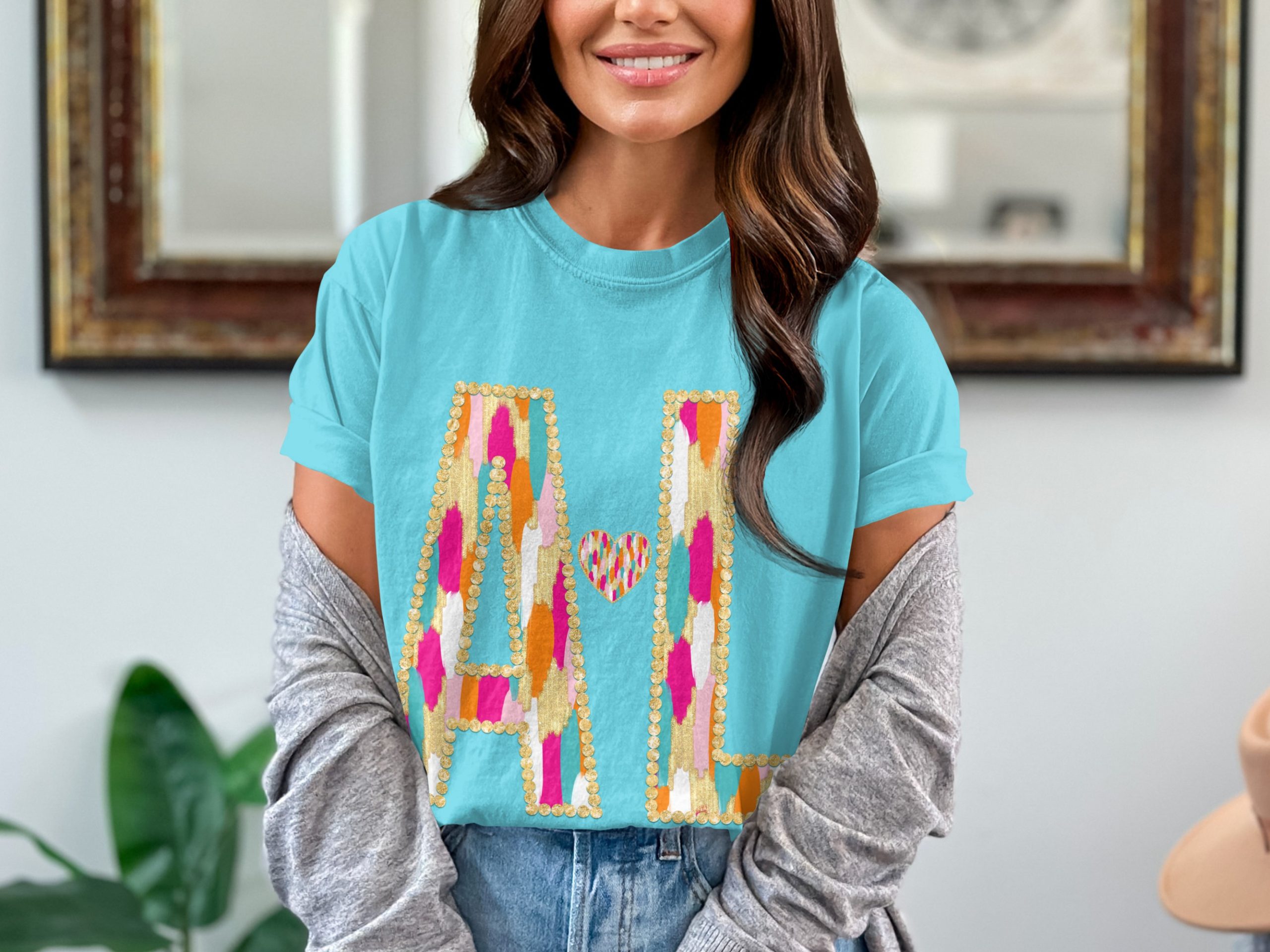 AL Initial T-Shirt, Custom Letters Shirt, Comfort Colors 1717, Personalized Shirt, Brush Stroke, Gold Studded, Gift for Her, Matching Couple - Image 2