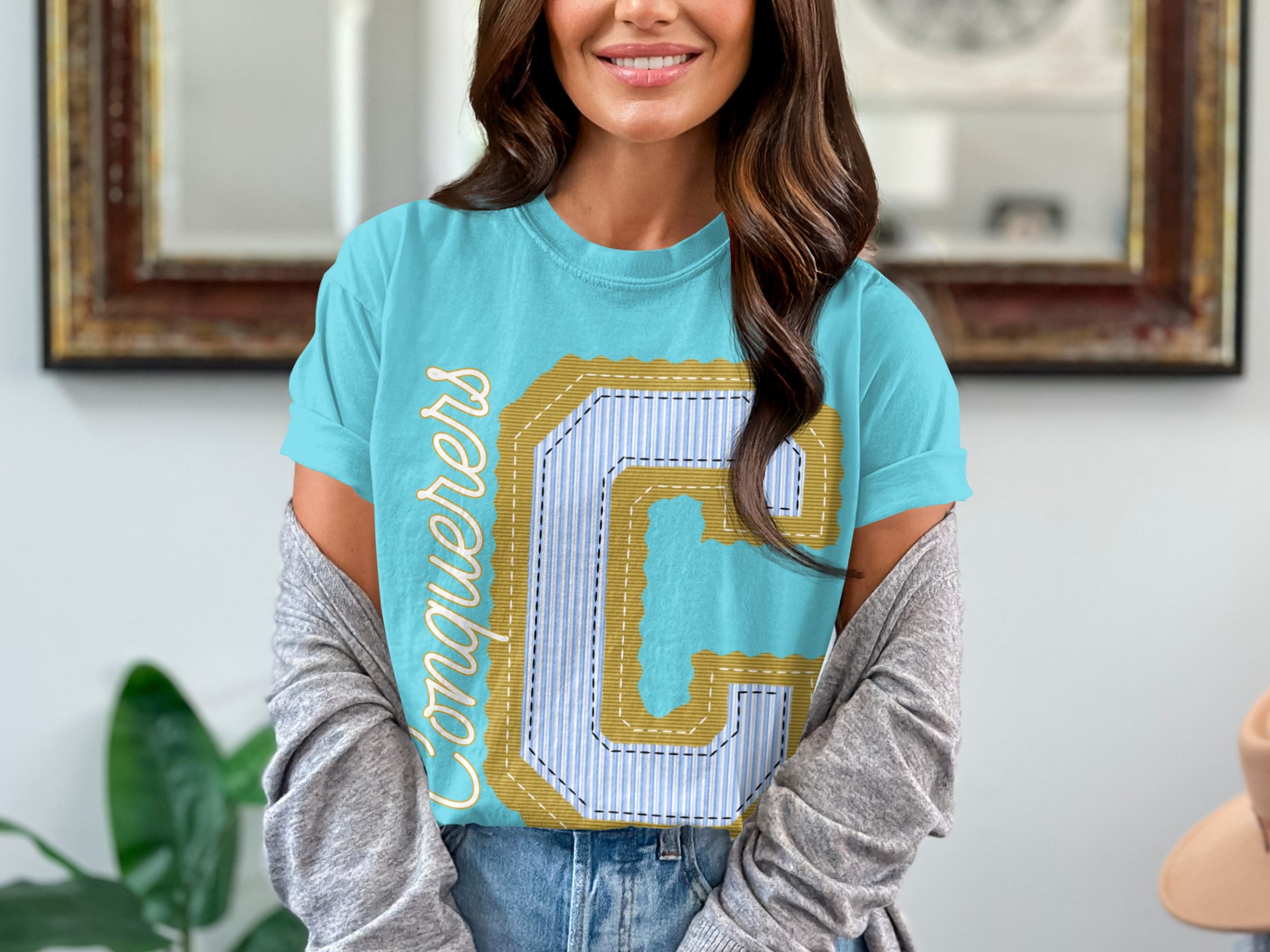 Conquerers Letter C T-Shirt, Striped Initials, Comfort Colors 1717 Tee, Personalized Collegiate Style, Trendy Varsity Shirt, prepster preppy - Image 2
